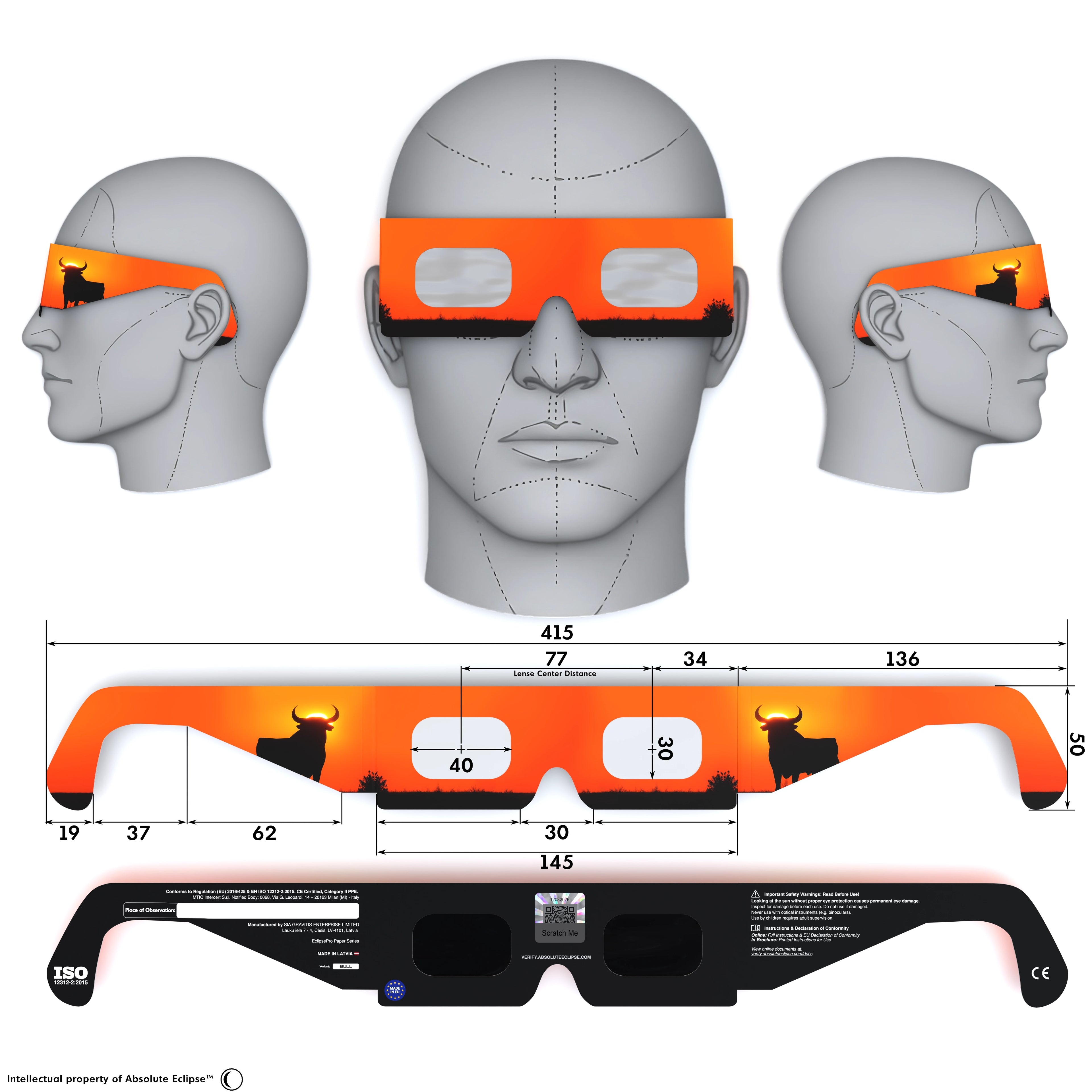 Solar Eclipse Glasses with Bull design, CE Certified and ISO Compliant - Back and Front View