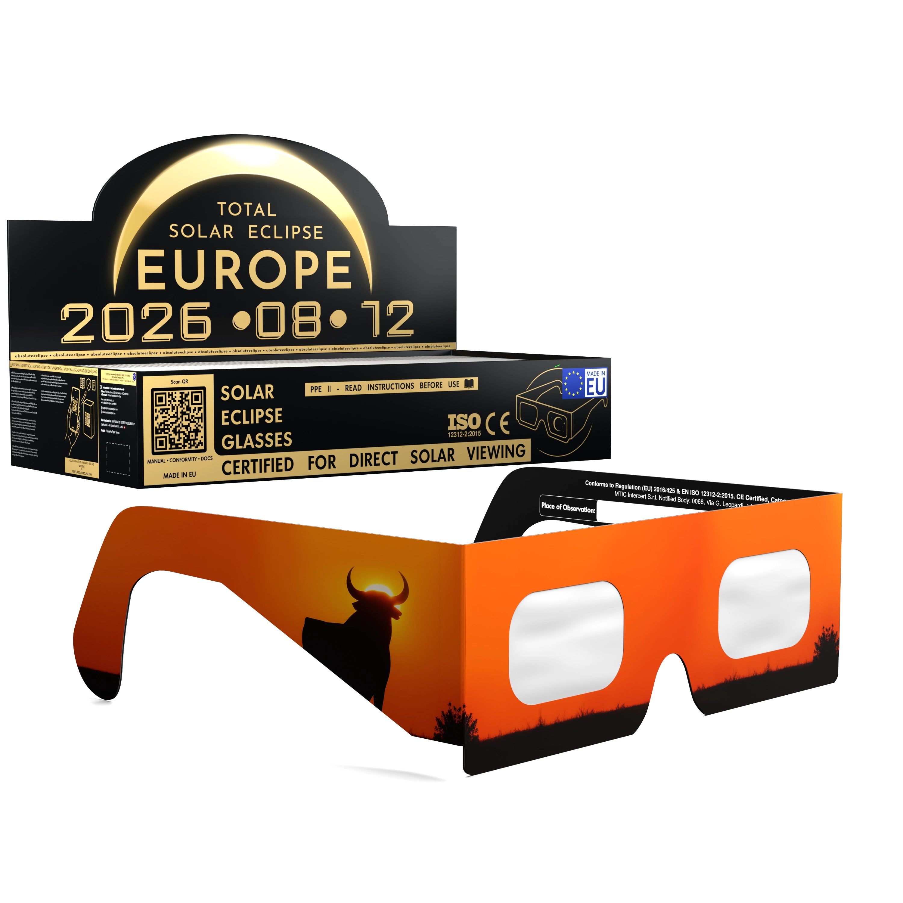 Solar Eclipse Glasses with Bull design, CE Certified and ISO Compliant - Packaging Image of 100-Pack