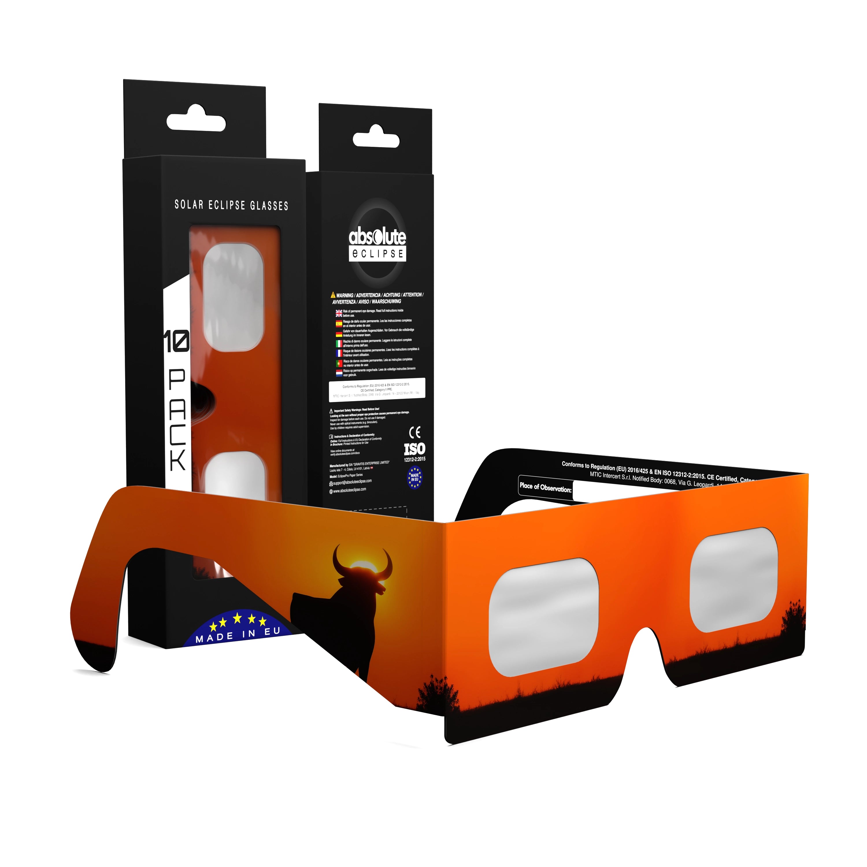 Solar Eclipse Glasses with Bull design, CE Certified and ISO Compliant - Packaging Image of 10-Pack
