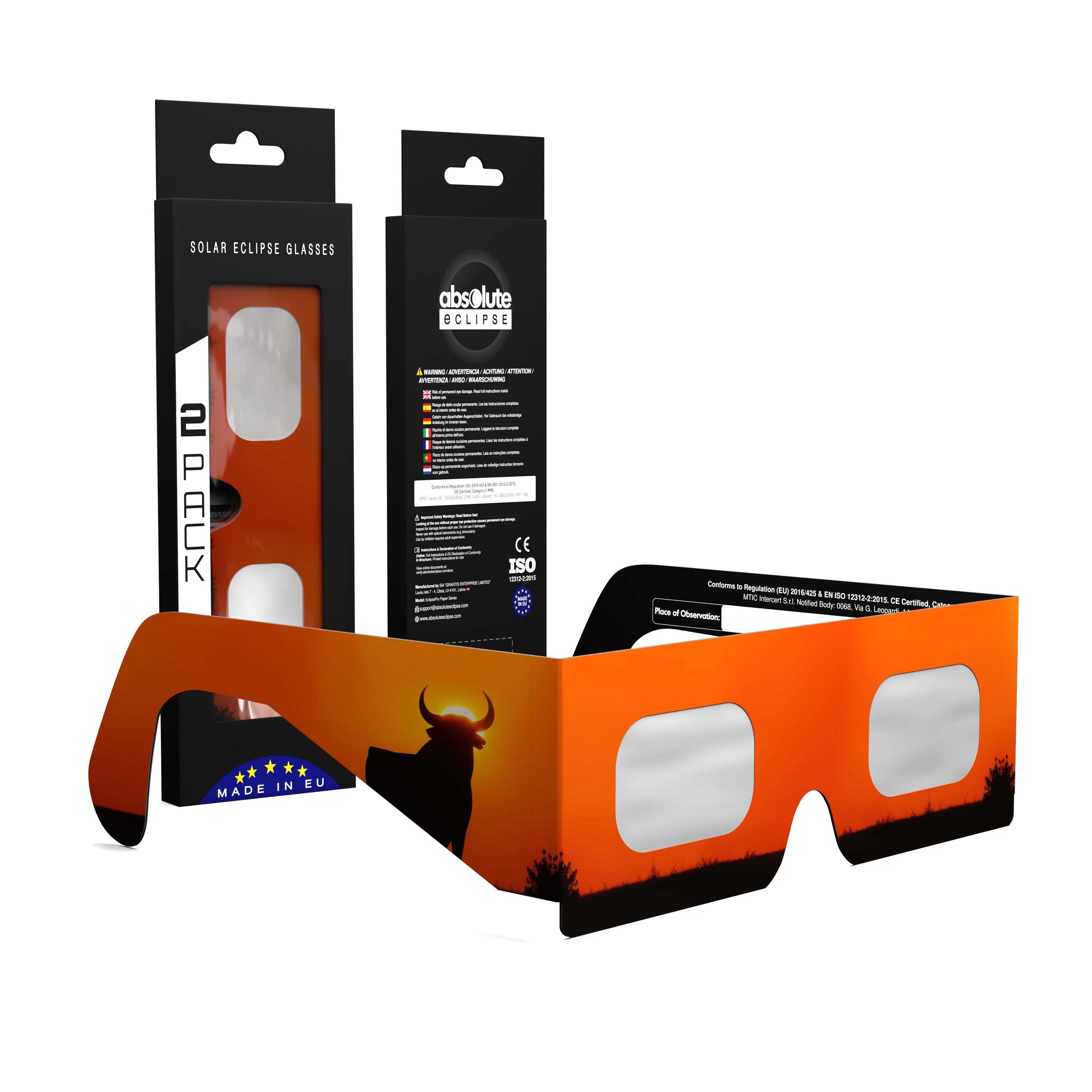 Solar Eclipse Glasses with Bull design, CE Certified and ISO Compliant - Packaging Image of 2-Pack