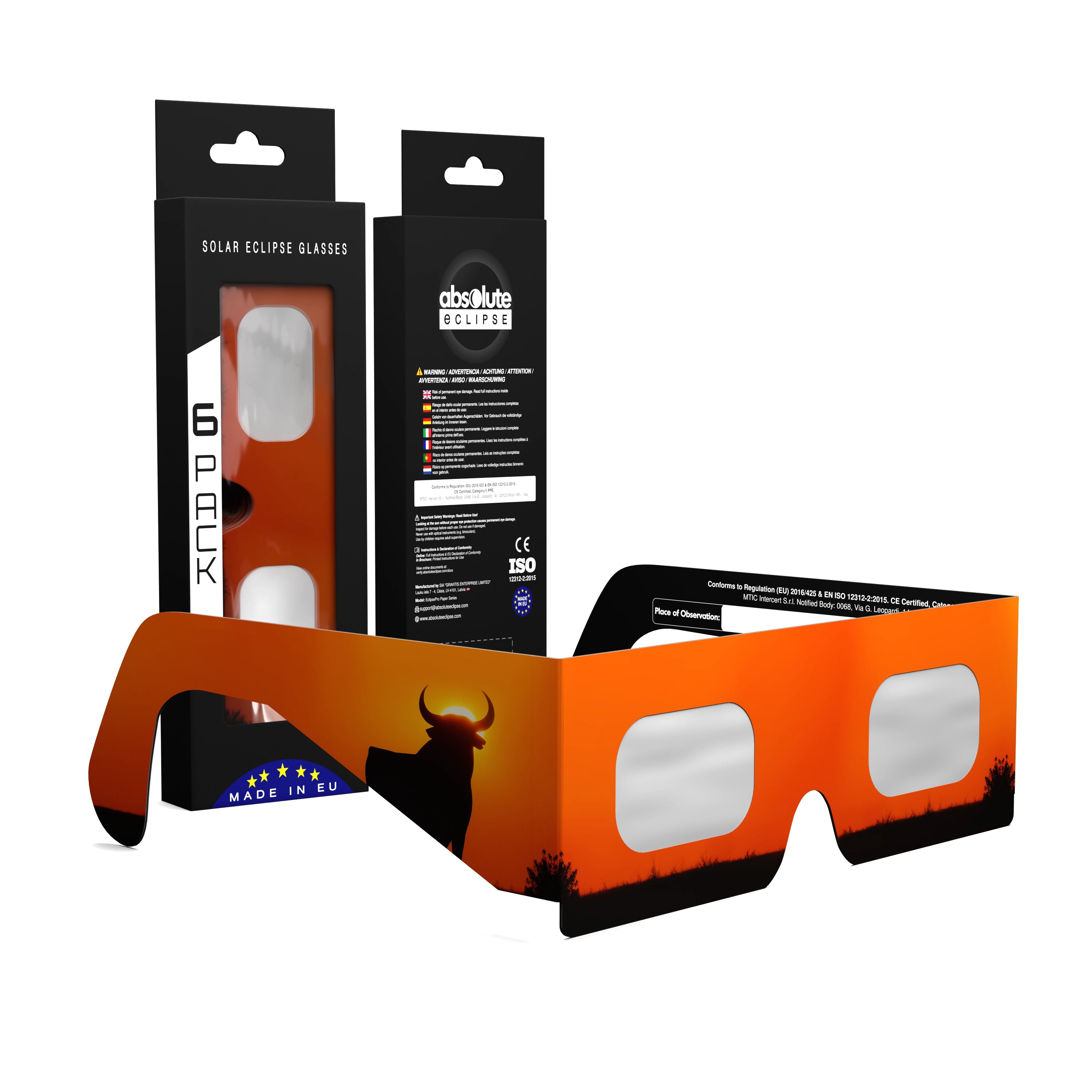 Solar Eclipse Glasses with Bull design, CE Certified and ISO Compliant - Packaging Image of 6-Pack