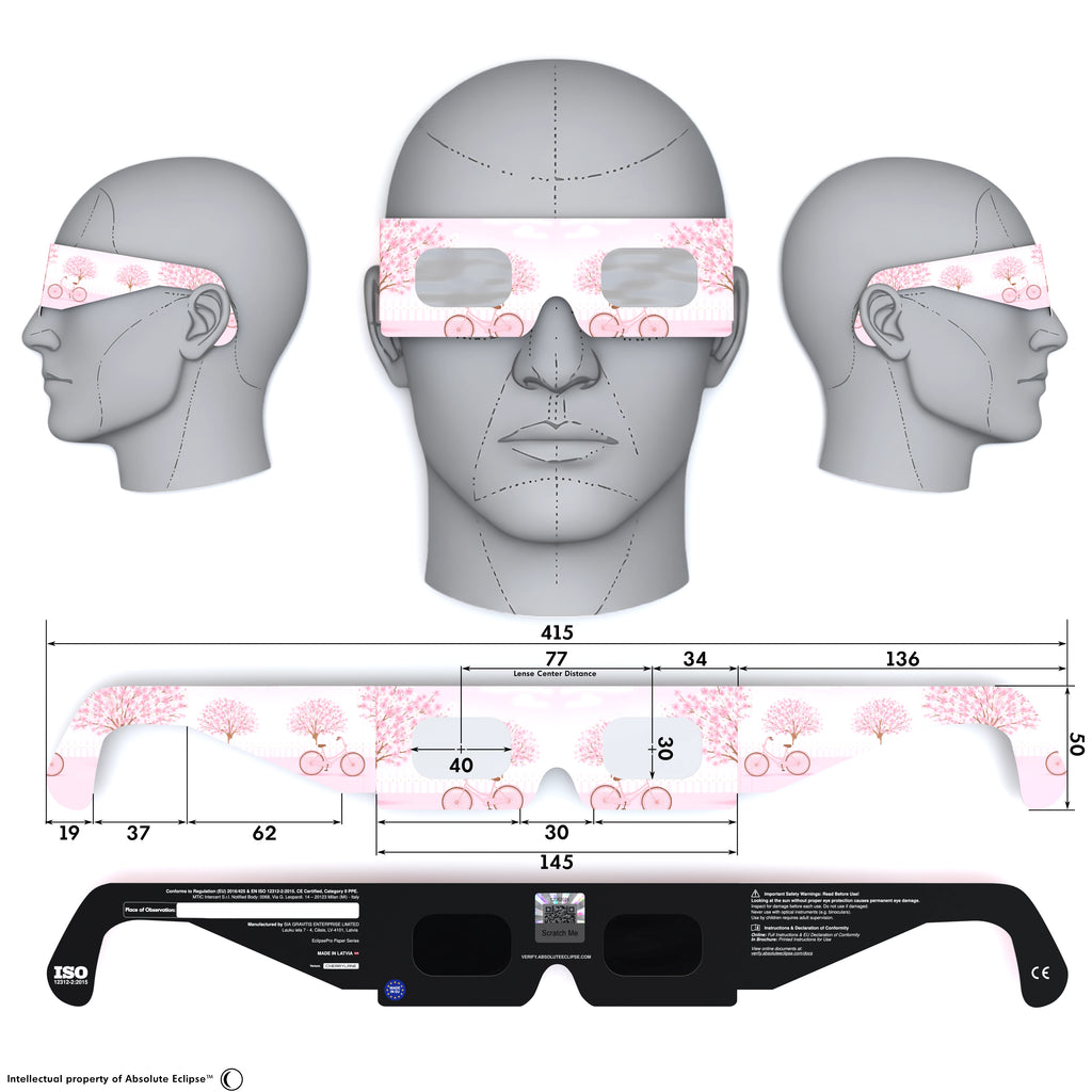 Solar Eclipse Glasses with Cherrylane design, CE Certified and ISO Compliant - Back and Front View