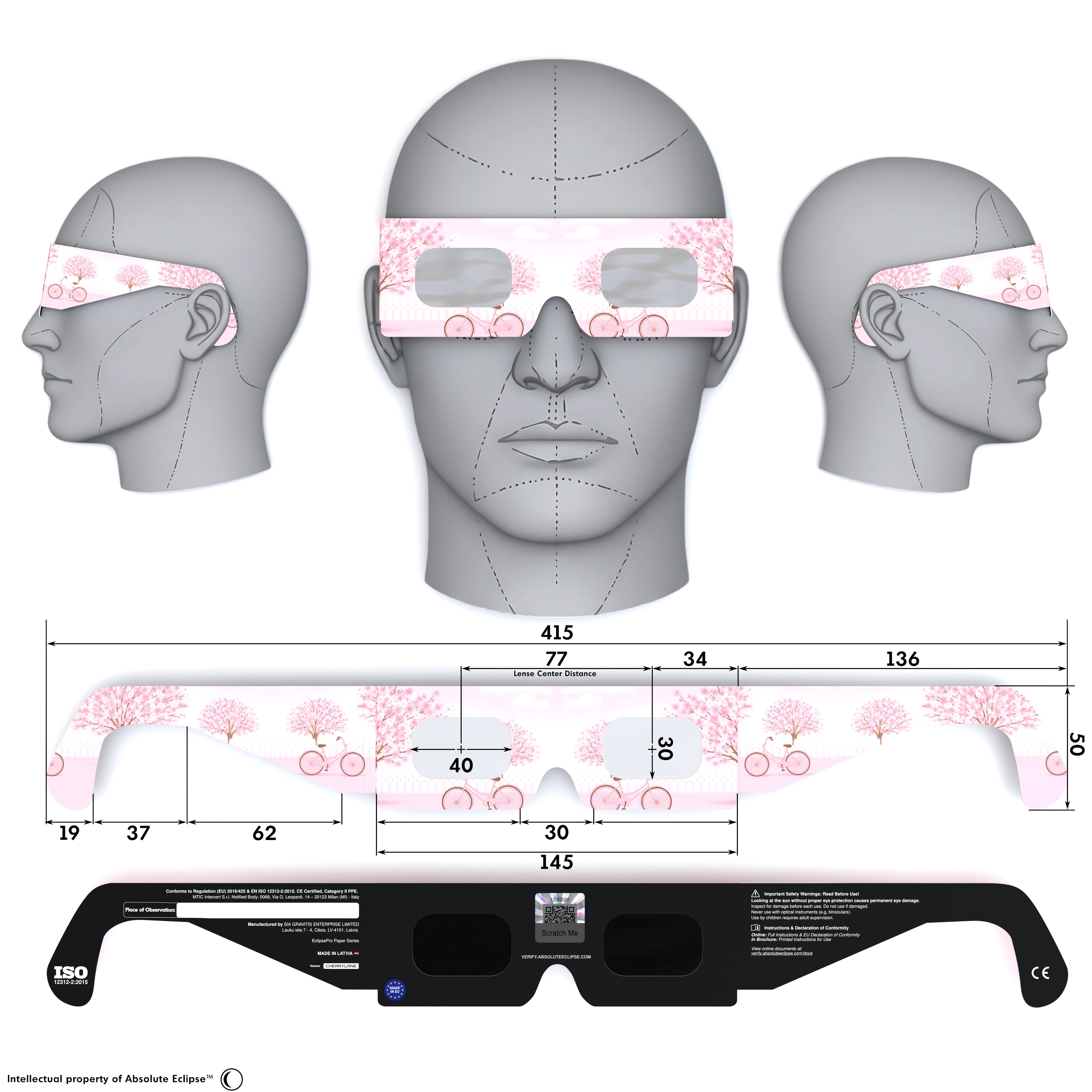 Solar Eclipse Glasses with Cherrylane design, CE Certified and ISO Compliant - Back and Front View