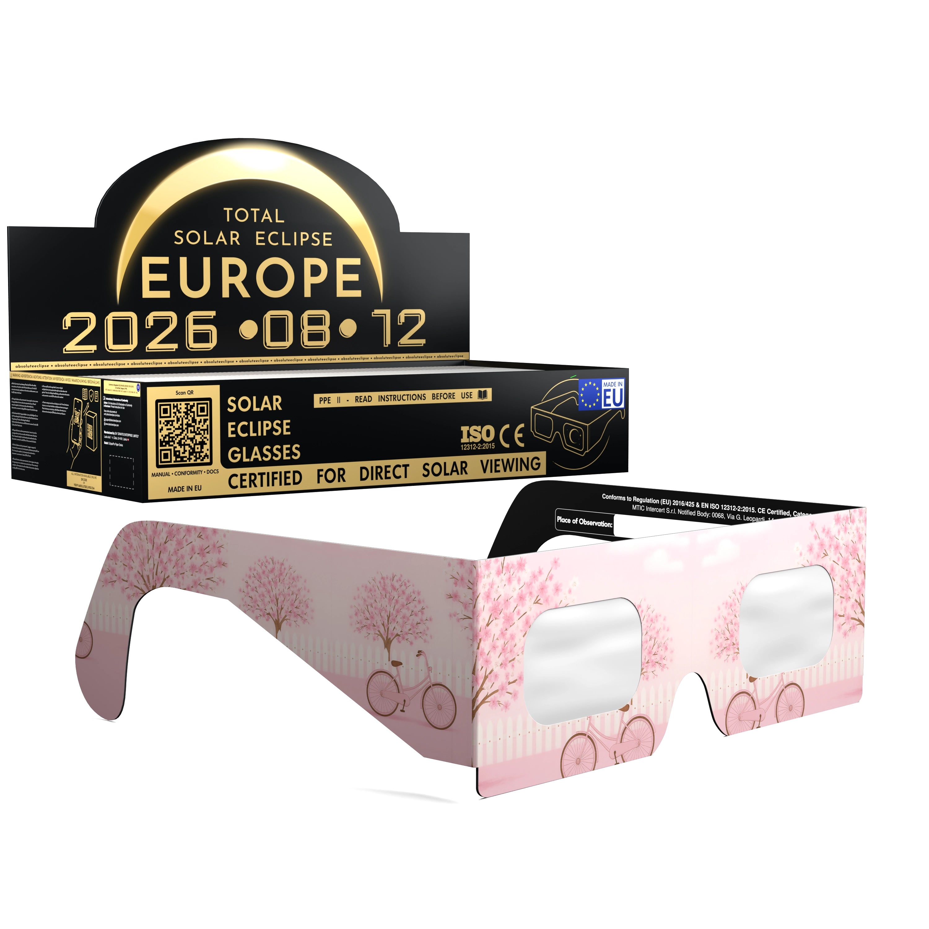 Solar Eclipse Glasses with Cherrylane design, CE Certified and ISO Compliant - Packaging Image of 100-Pack