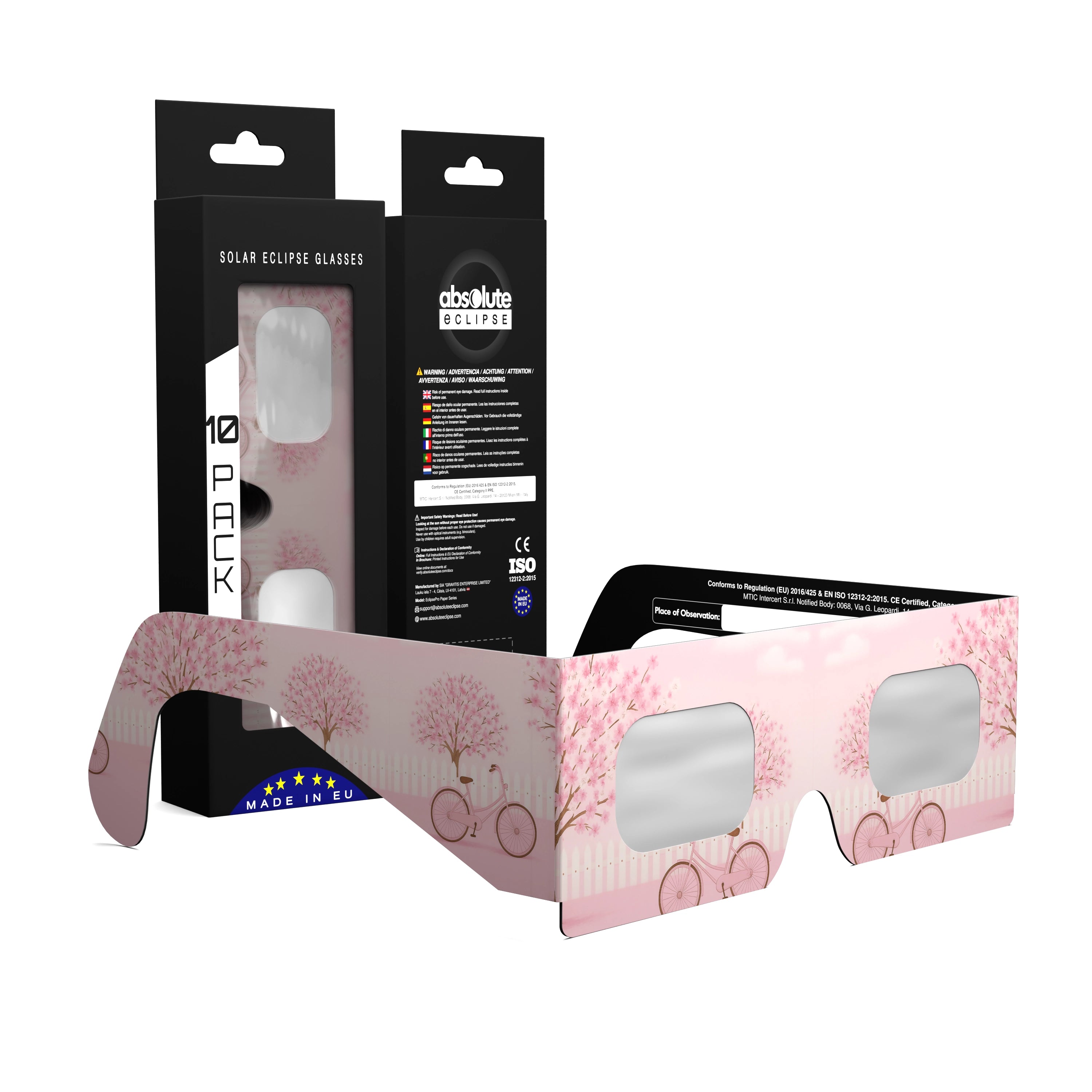 Solar Eclipse Glasses with Cherrylane design, CE Certified and ISO Compliant - Packaging Image of 10-Pack
