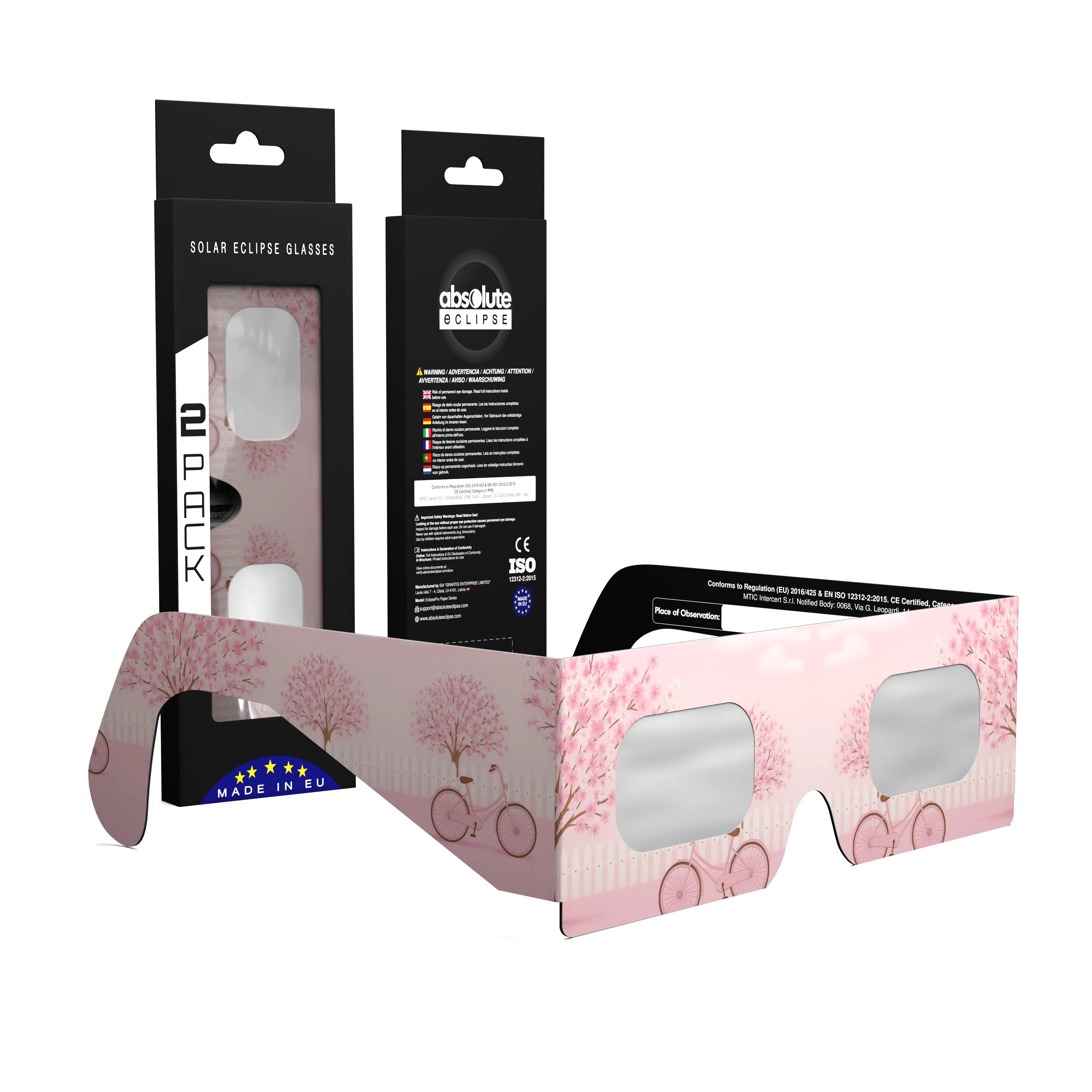 Solar Eclipse Glasses with Cherrylane design, CE Certified and ISO Compliant - Packaging Image of 2-Pack