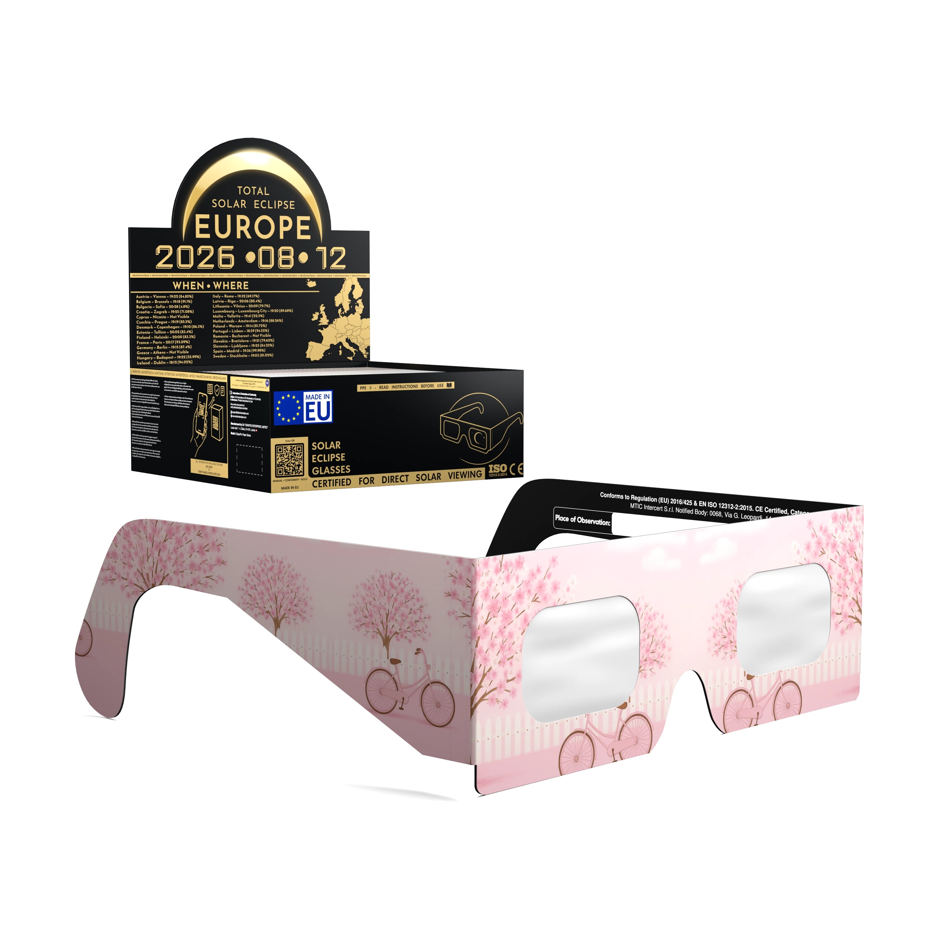Solar Eclipse Glasses with Cherrylane design, CE Certified and ISO Compliant - Packaging Image of 50-Pack