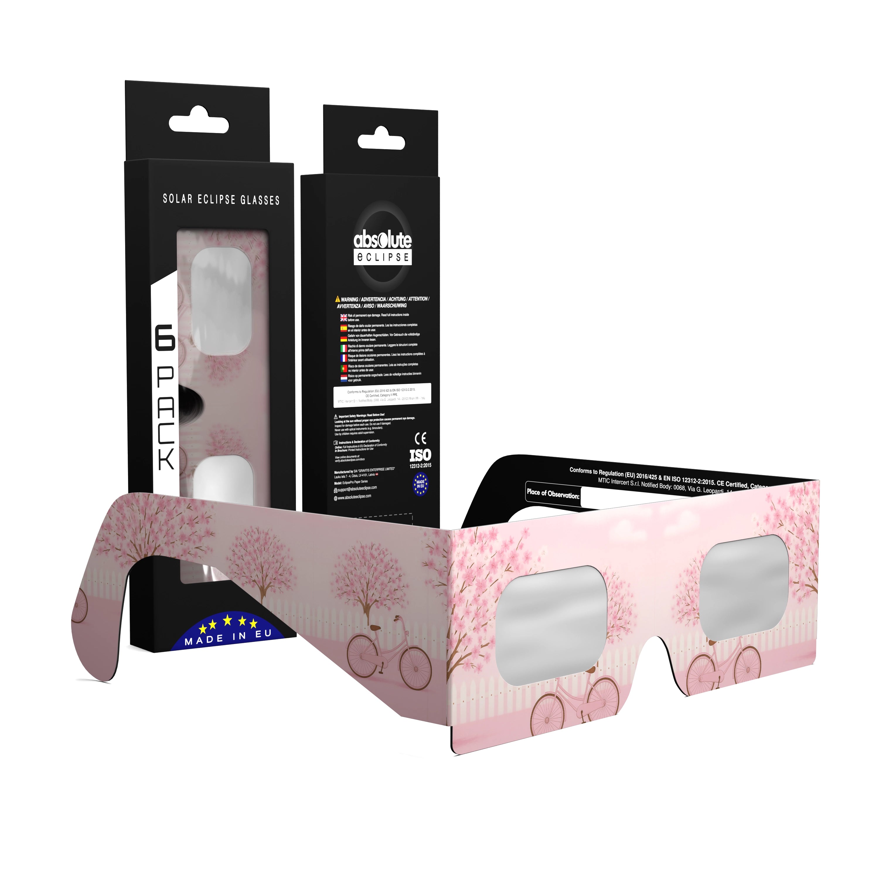 Solar Eclipse Glasses with Cherrylane design, CE Certified and ISO Compliant - Packaging Image of 6-Pack