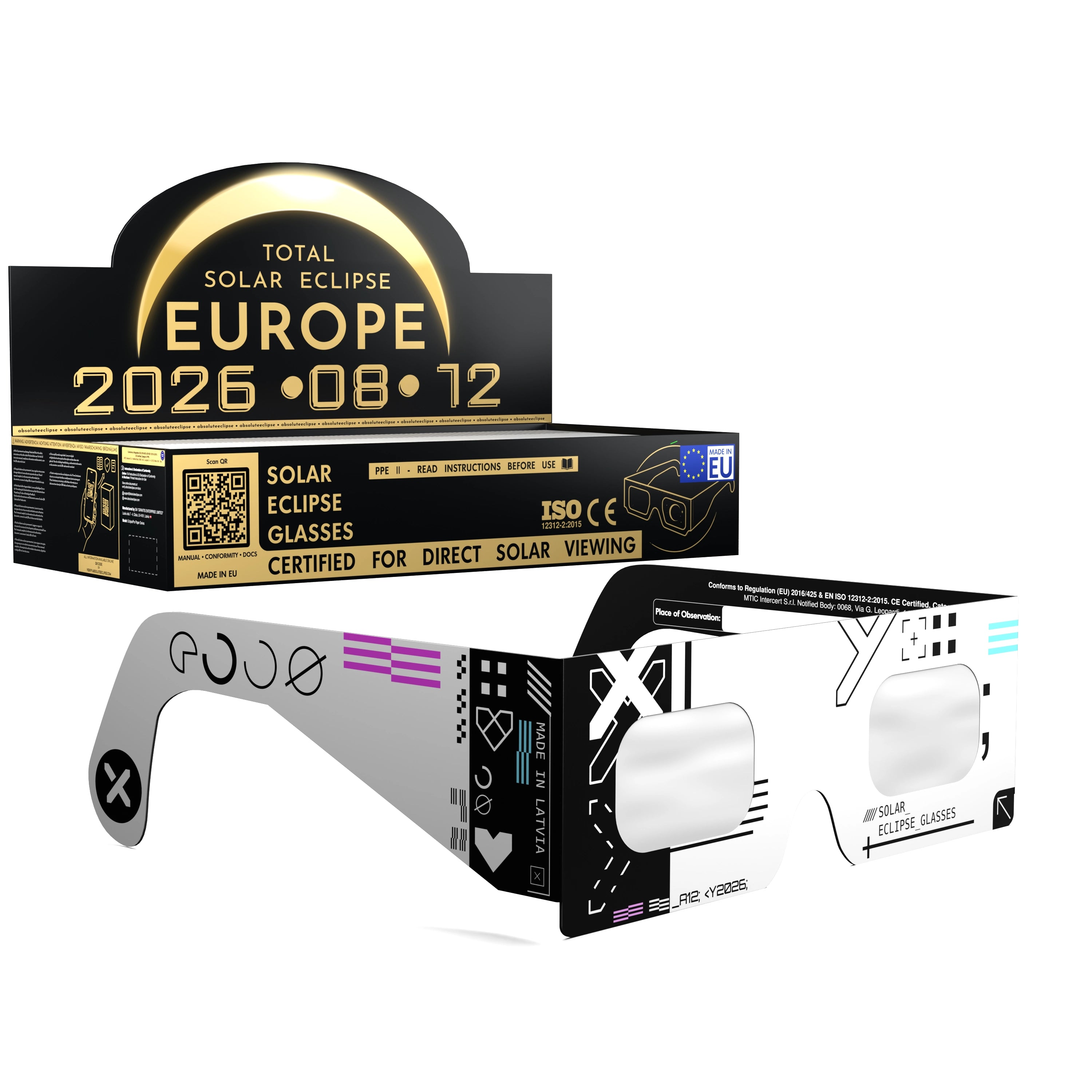 Solar Eclipse Glasses with Cipher design, CE Certified and ISO Compliant - Packaging Image of 100-Pack