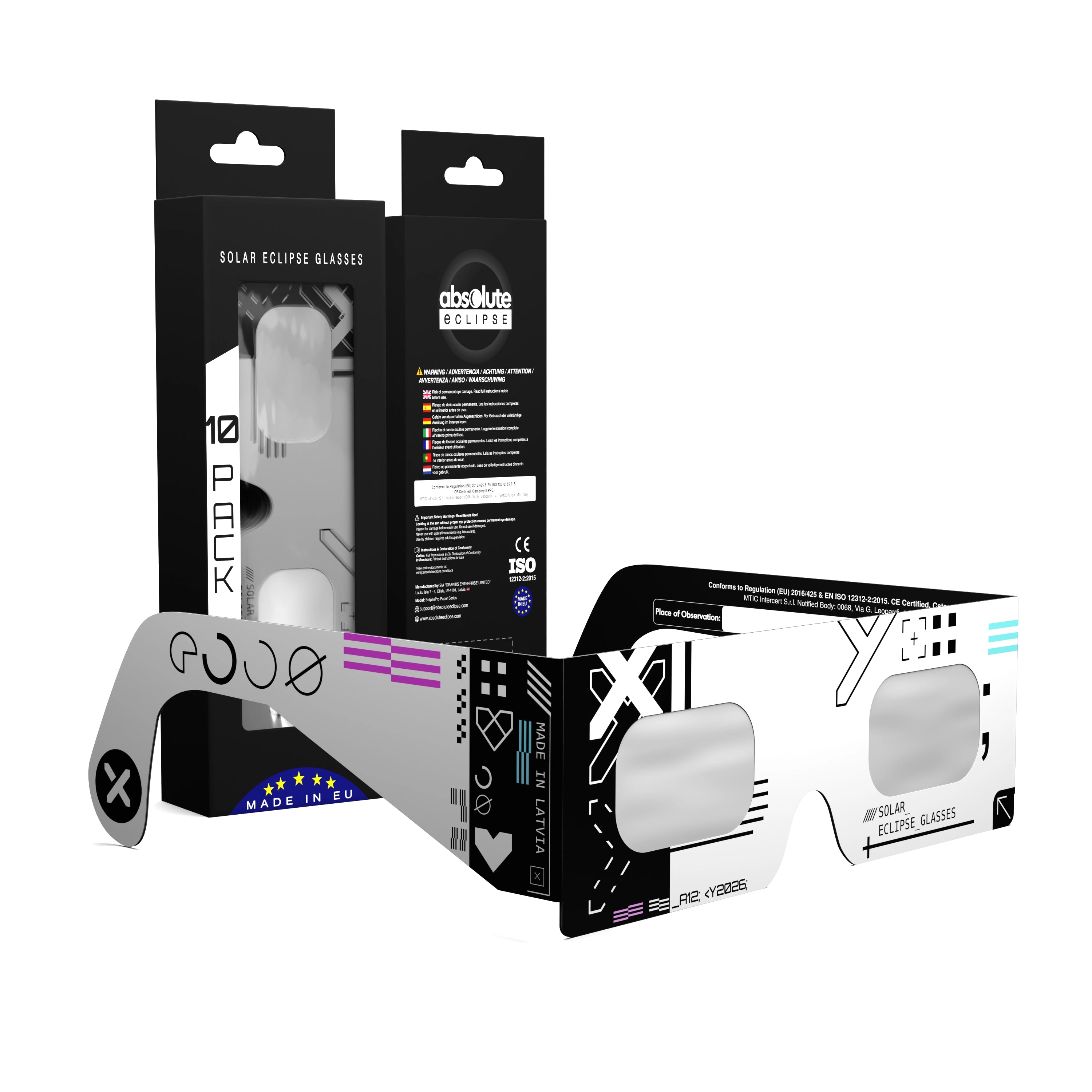 Solar Eclipse Glasses with Cipher design, CE Certified and ISO Compliant - Packaging Image of 10-Pack