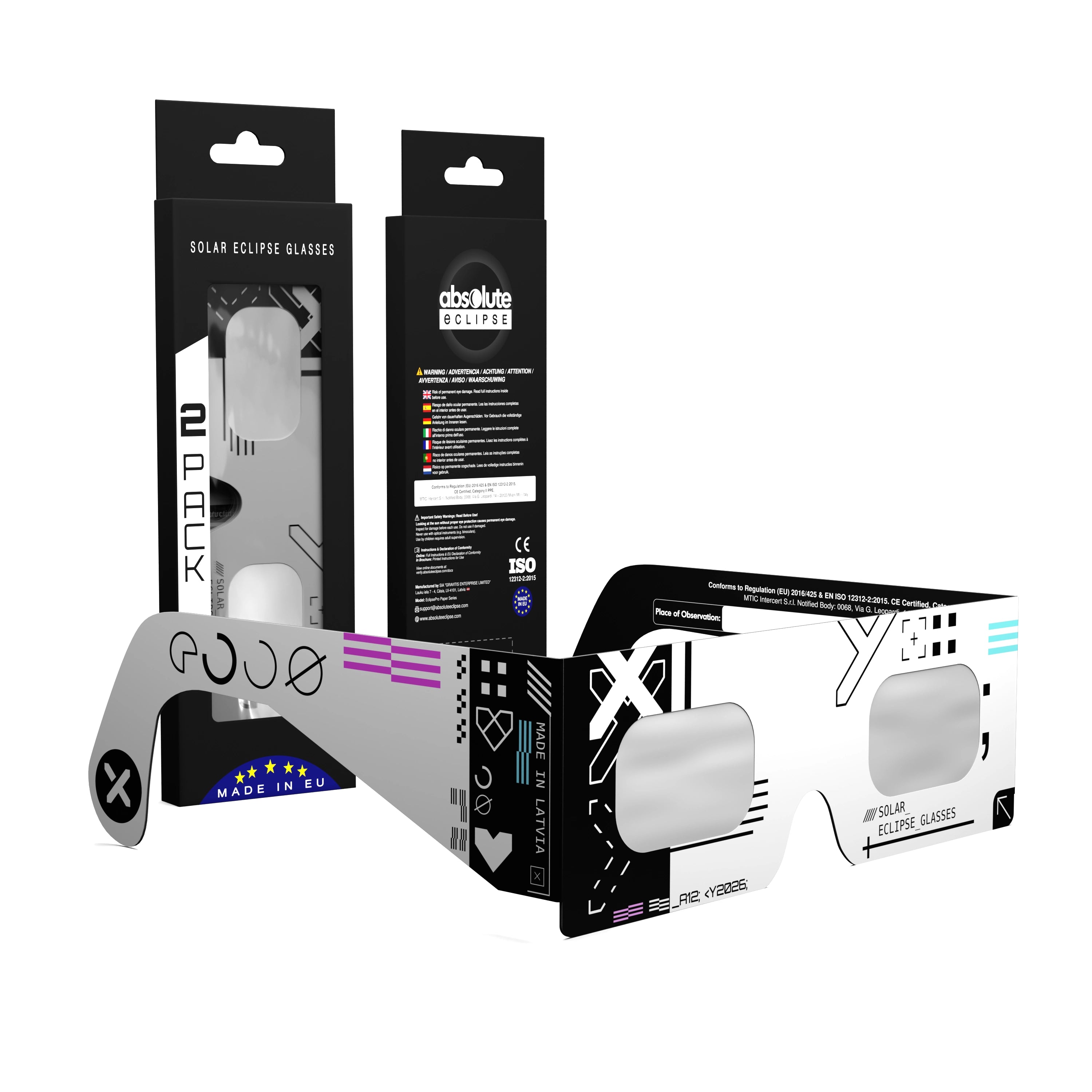 Solar Eclipse Glasses with Cipher design, CE Certified and ISO Compliant - Packaging Image of 2-Pack