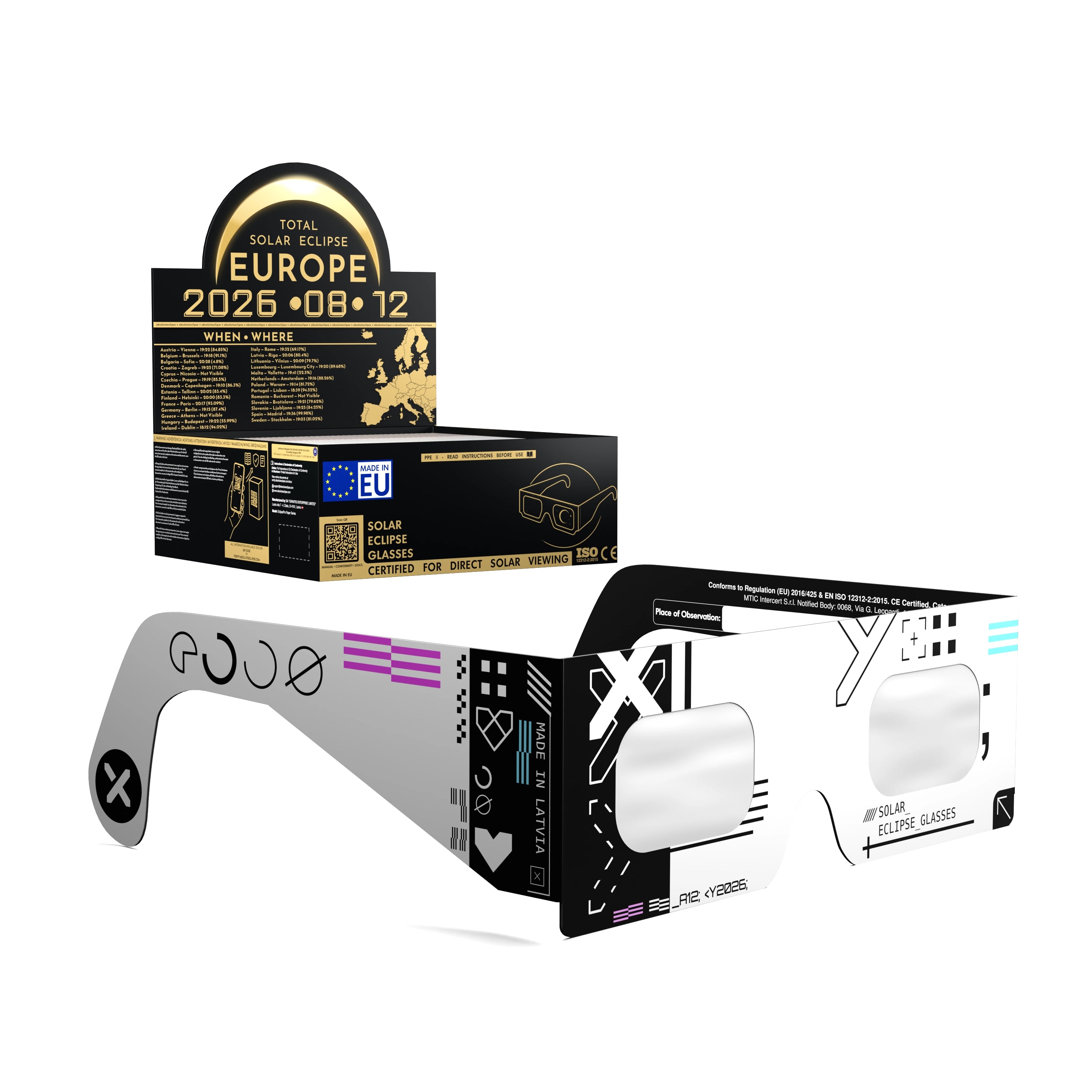 Solar Eclipse Glasses with Cipher design, CE Certified and ISO Compliant - Packaging Image of 50-Pack