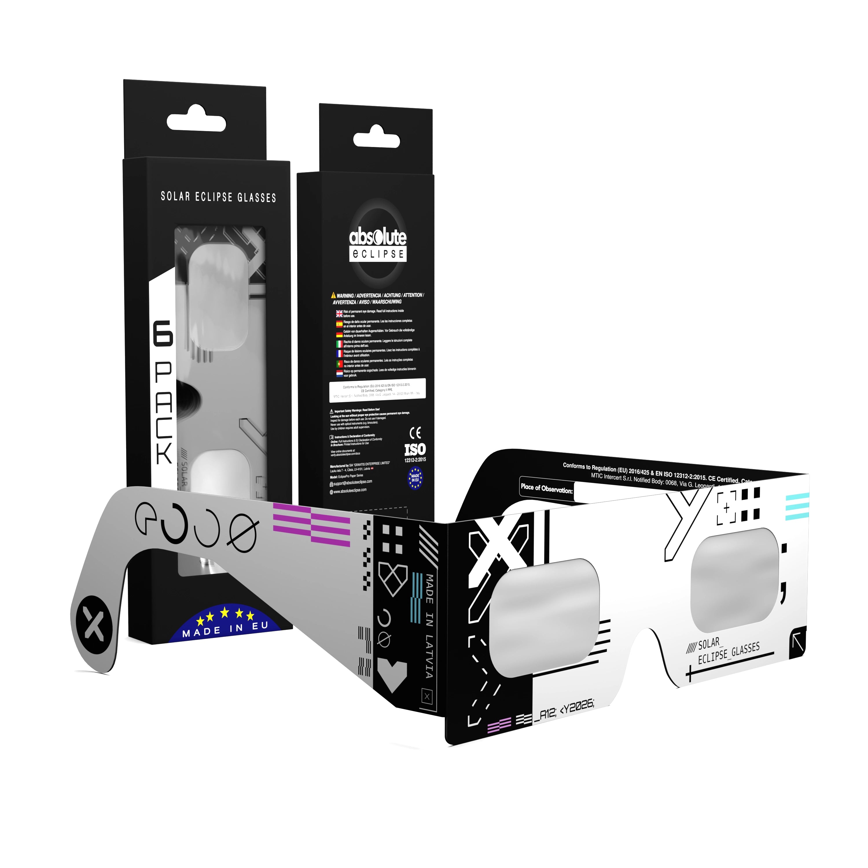 Solar Eclipse Glasses with Cipher design, CE Certified and ISO Compliant - Packaging Image of 6-Pack