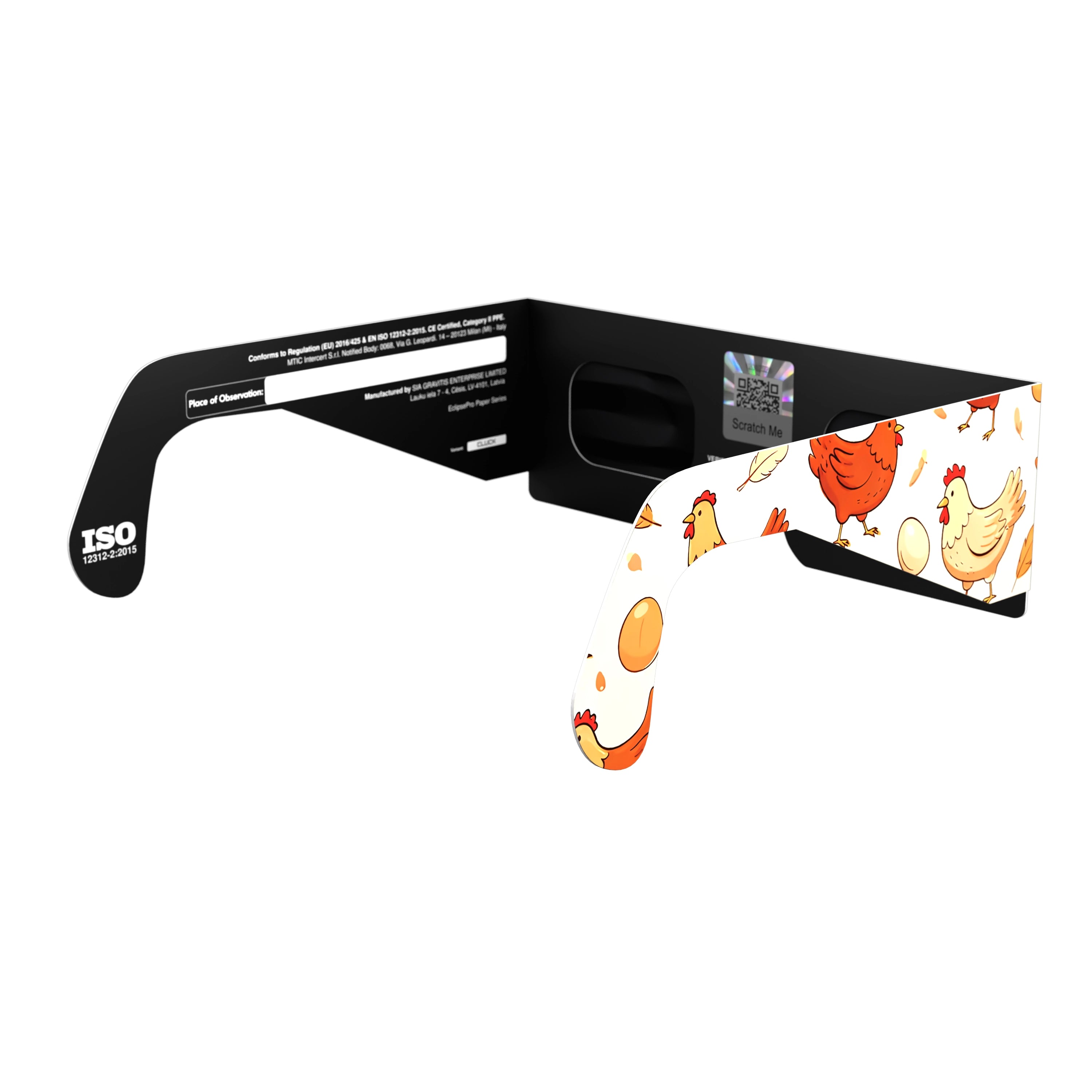 Solar Eclipse Glasses with Cluck design, CE Certified and ISO Compliant - Back-Side View