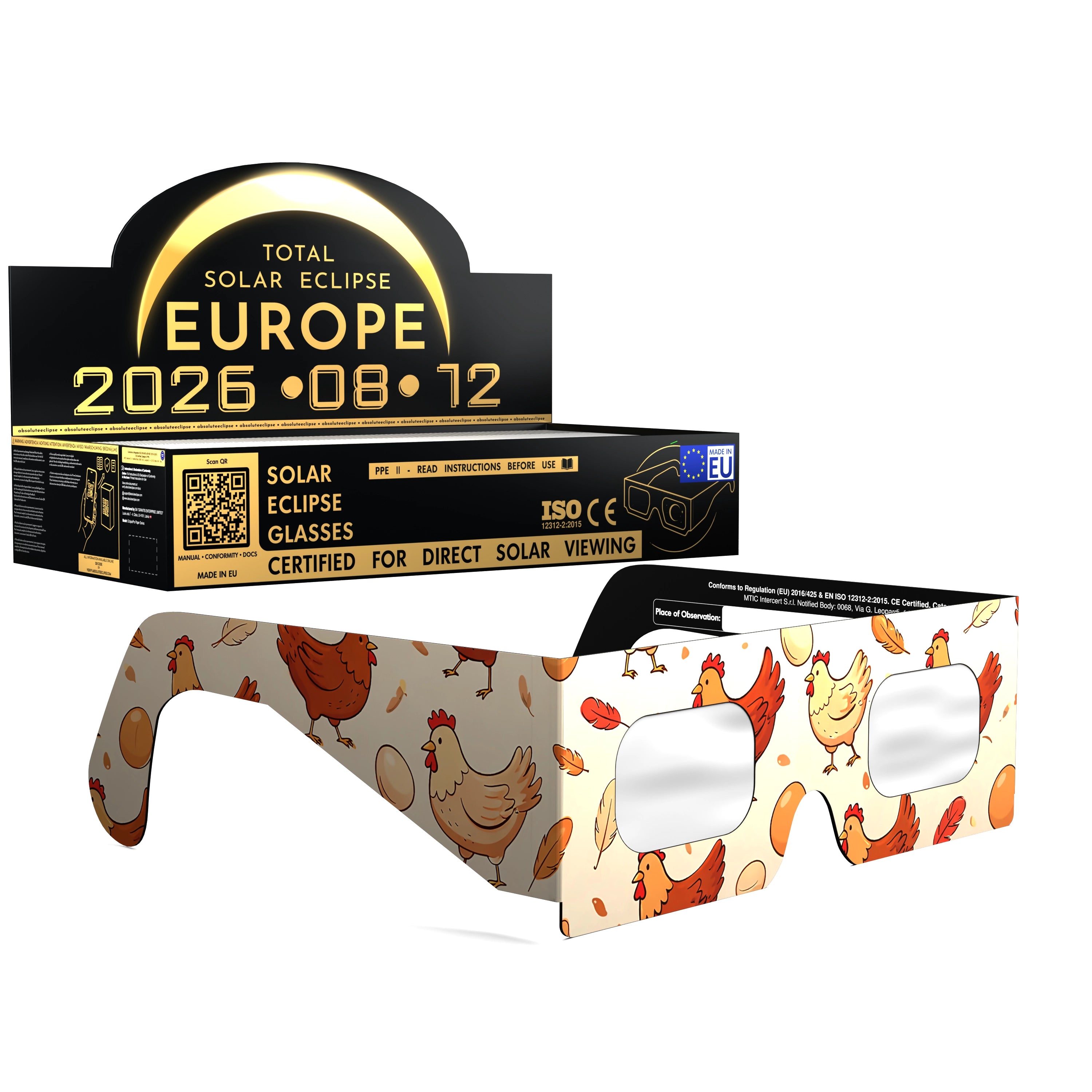 Solar Eclipse Glasses with Cluck design, CE Certified and ISO Compliant - Packaging Image of 100-Pack