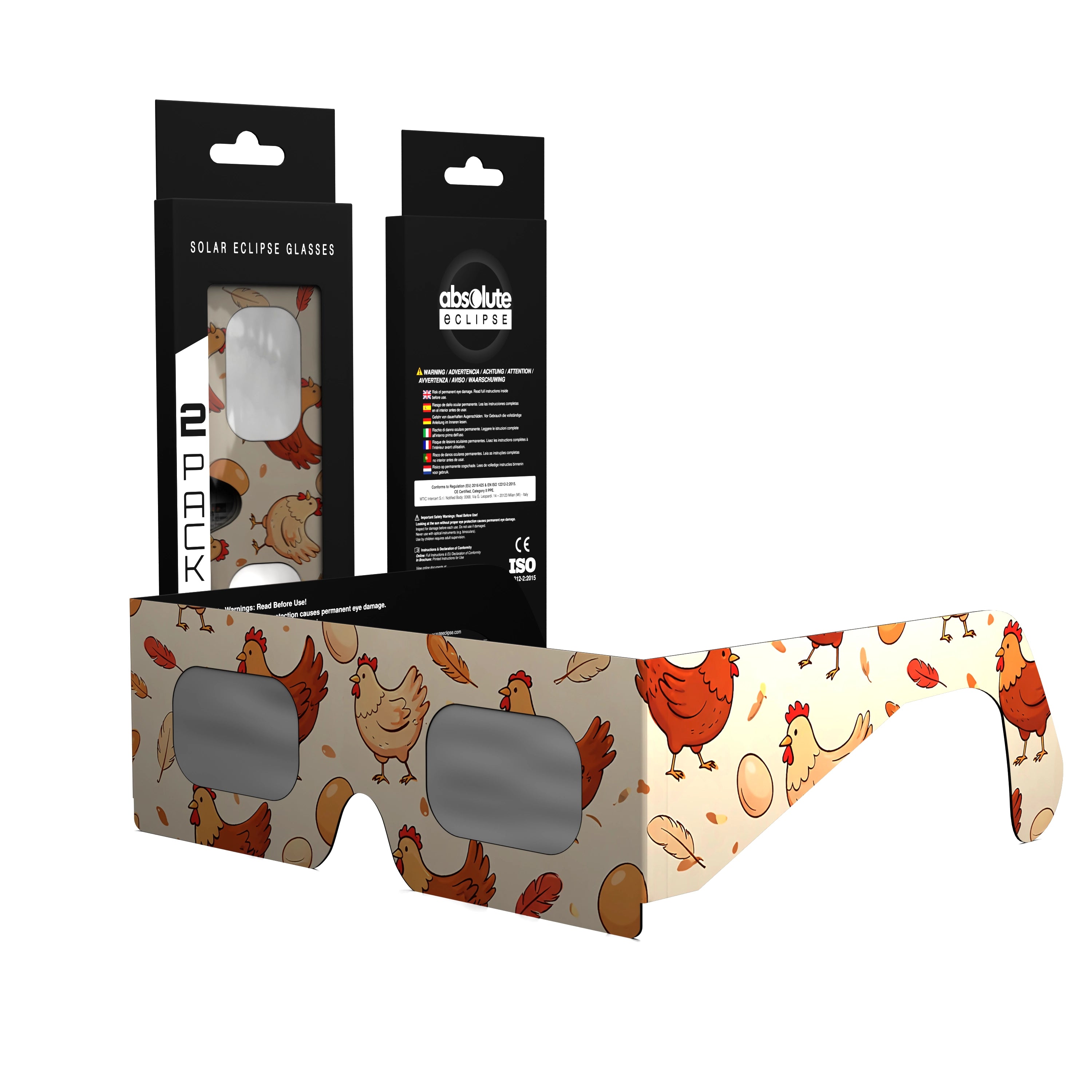 Solar Eclipse Glasses with Cluck design, CE Certified and ISO Compliant - Packaging Image of 2-Pack