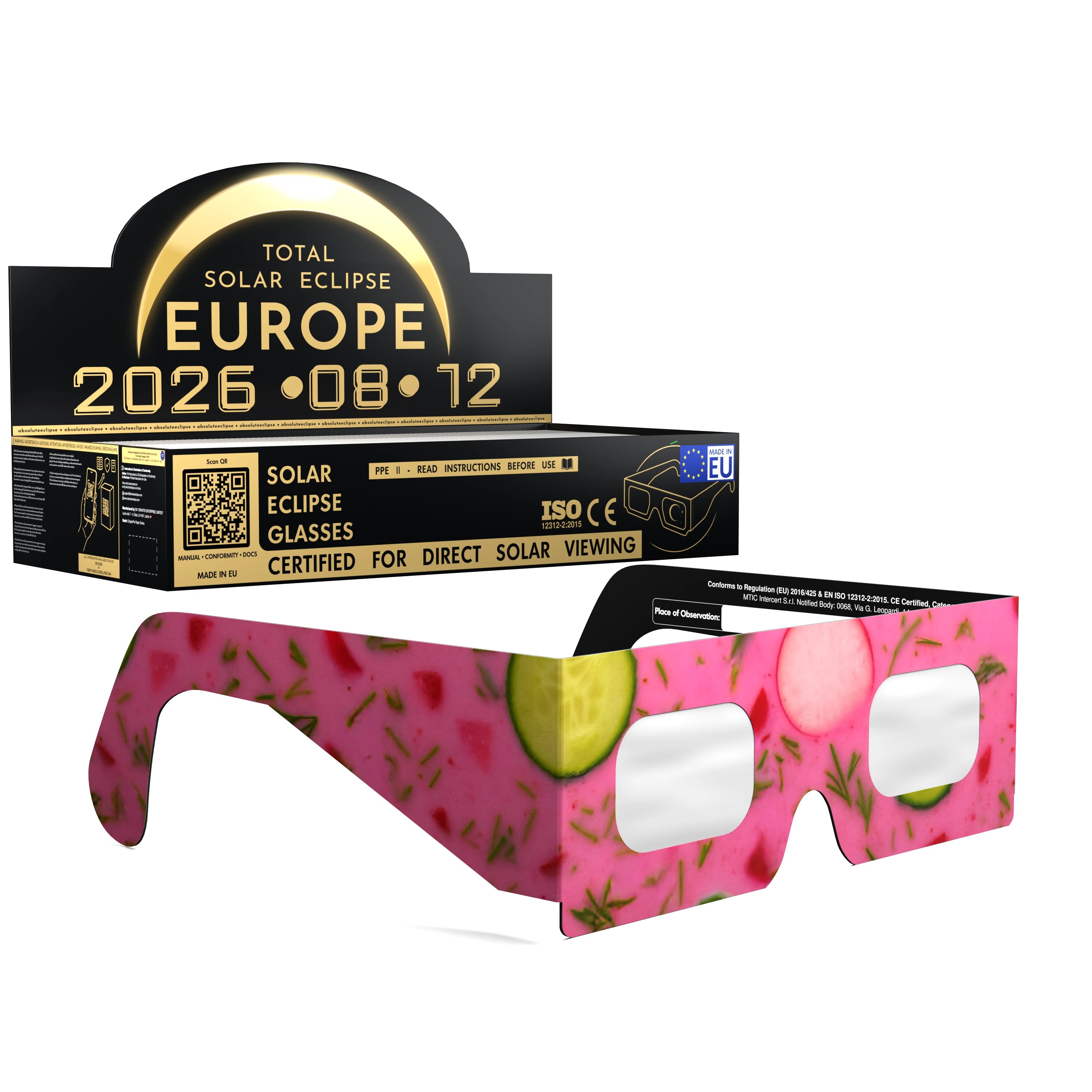 Solar Eclipse Glasses with Coldsoup design, CE Certified and ISO Compliant - Packaging Image of 100-Pack