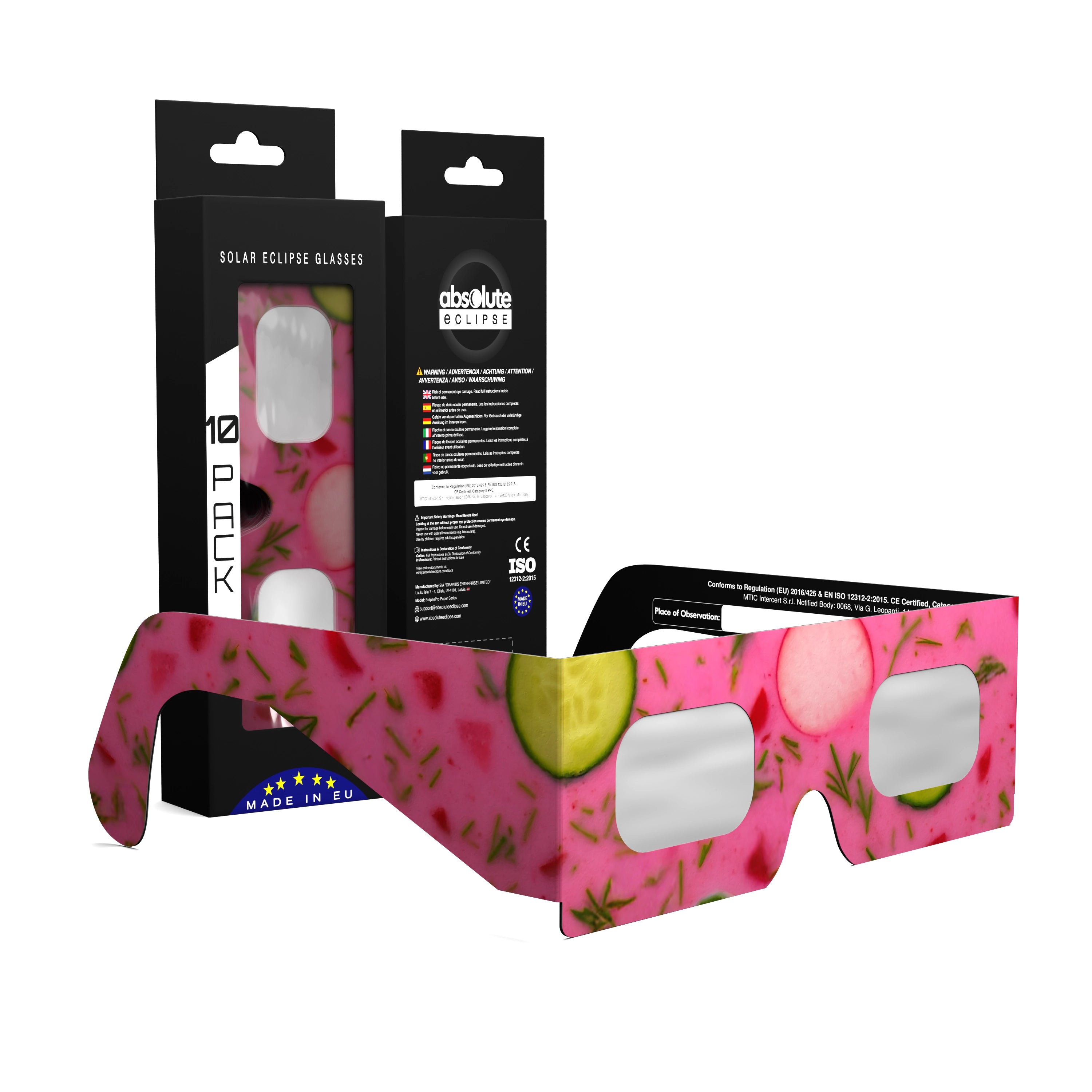 Solar Eclipse Glasses with Coldsoup design, CE Certified and ISO Compliant - Packaging Image of 10-Pack
