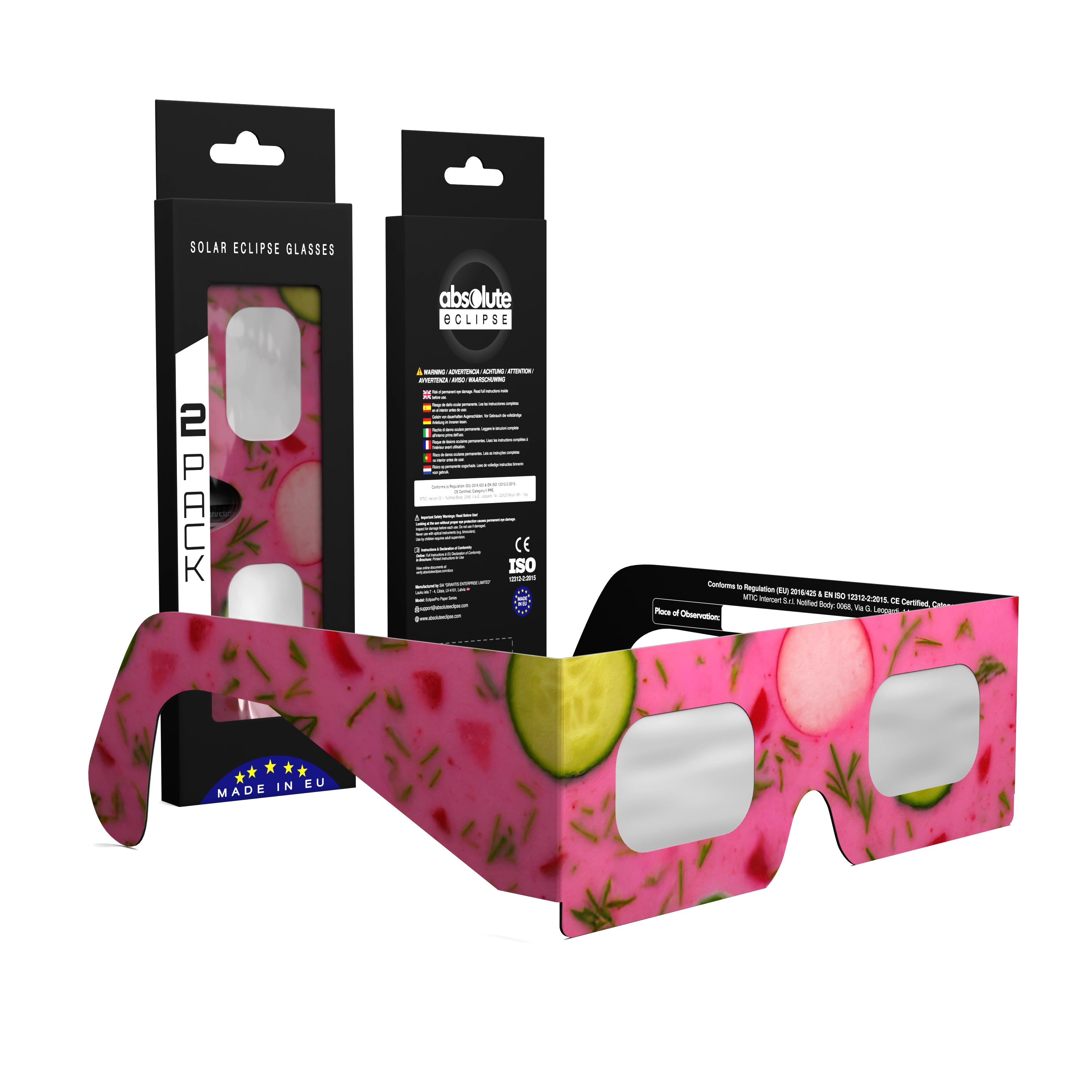 Solar Eclipse Glasses with Coldsoup design, CE Certified and ISO Compliant - Packaging Image of 2-Pack