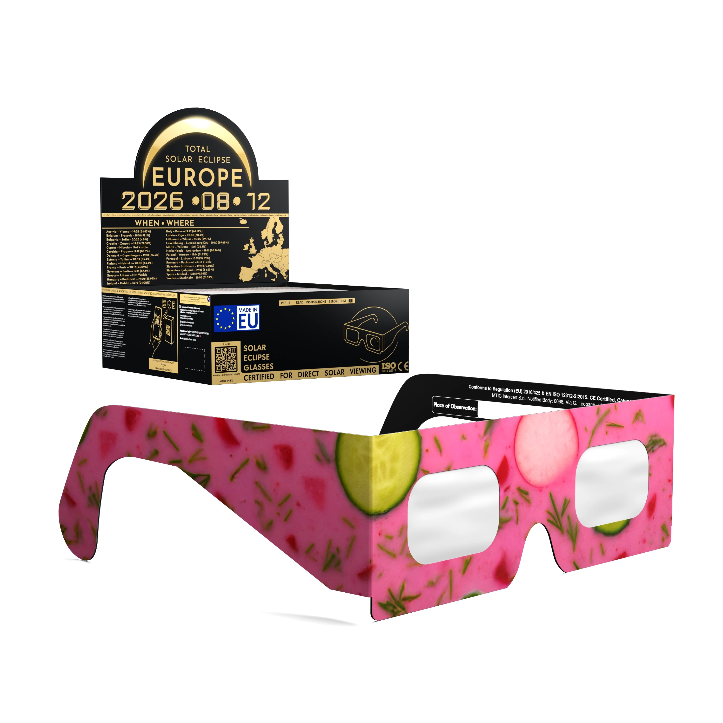 Solar Eclipse Glasses with Coldsoup design, CE Certified and ISO Compliant - Packaging Image of 50-Pack