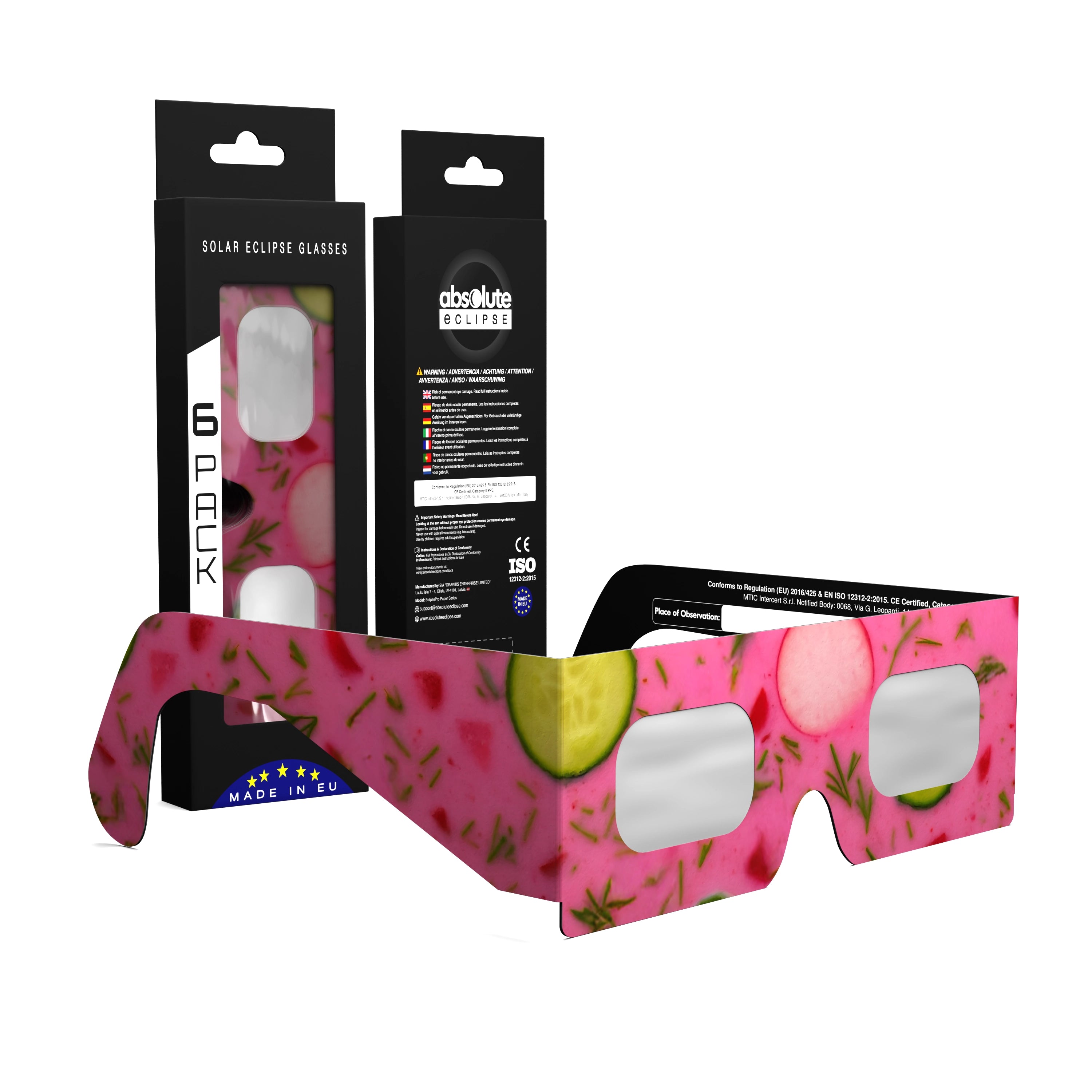 Solar Eclipse Glasses with Coldsoup design, CE Certified and ISO Compliant - Packaging Image of 6-Pack