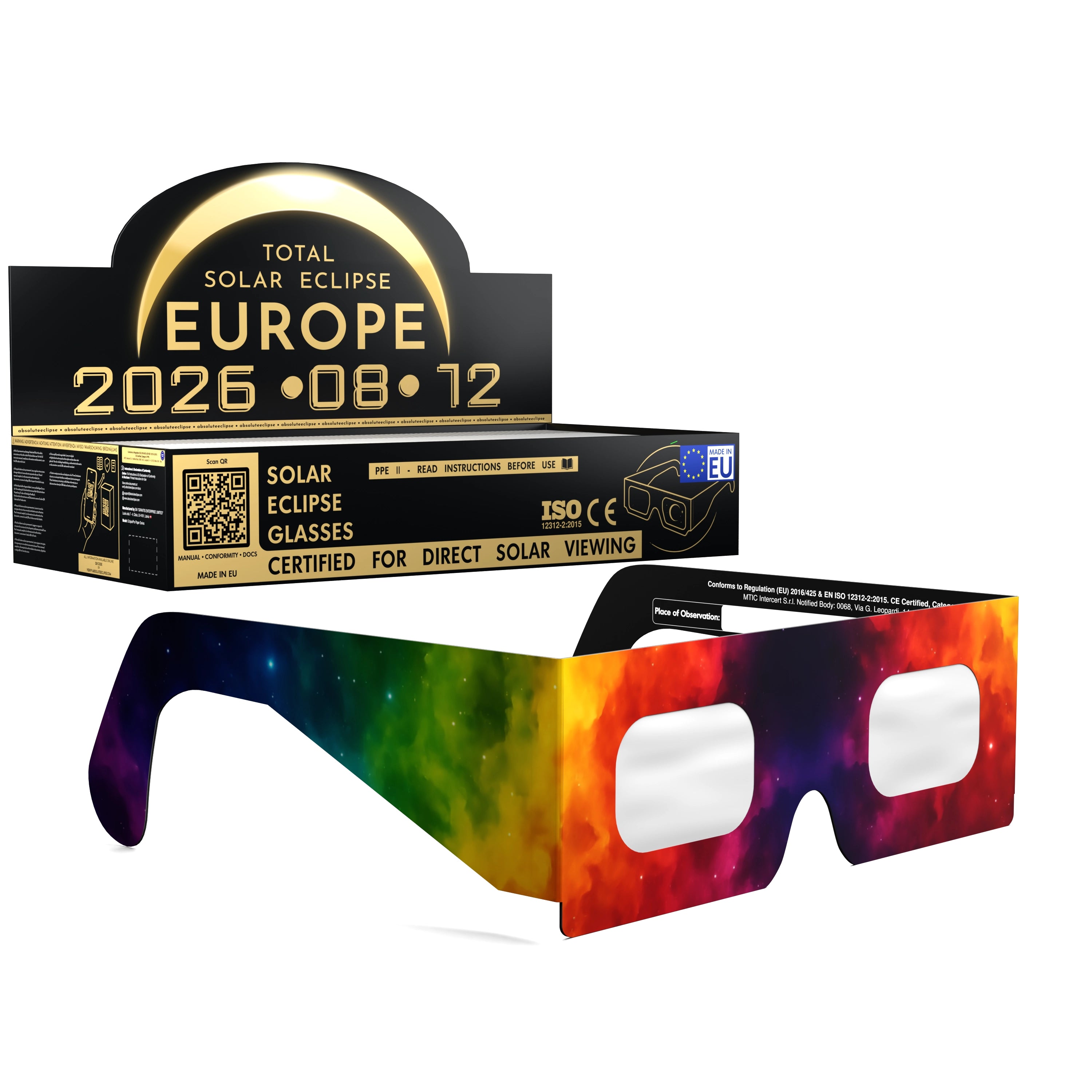 Solar Eclipse Glasses with Colorsplash design, CE Certified and ISO Compliant - Packaging Image of 100-Pack