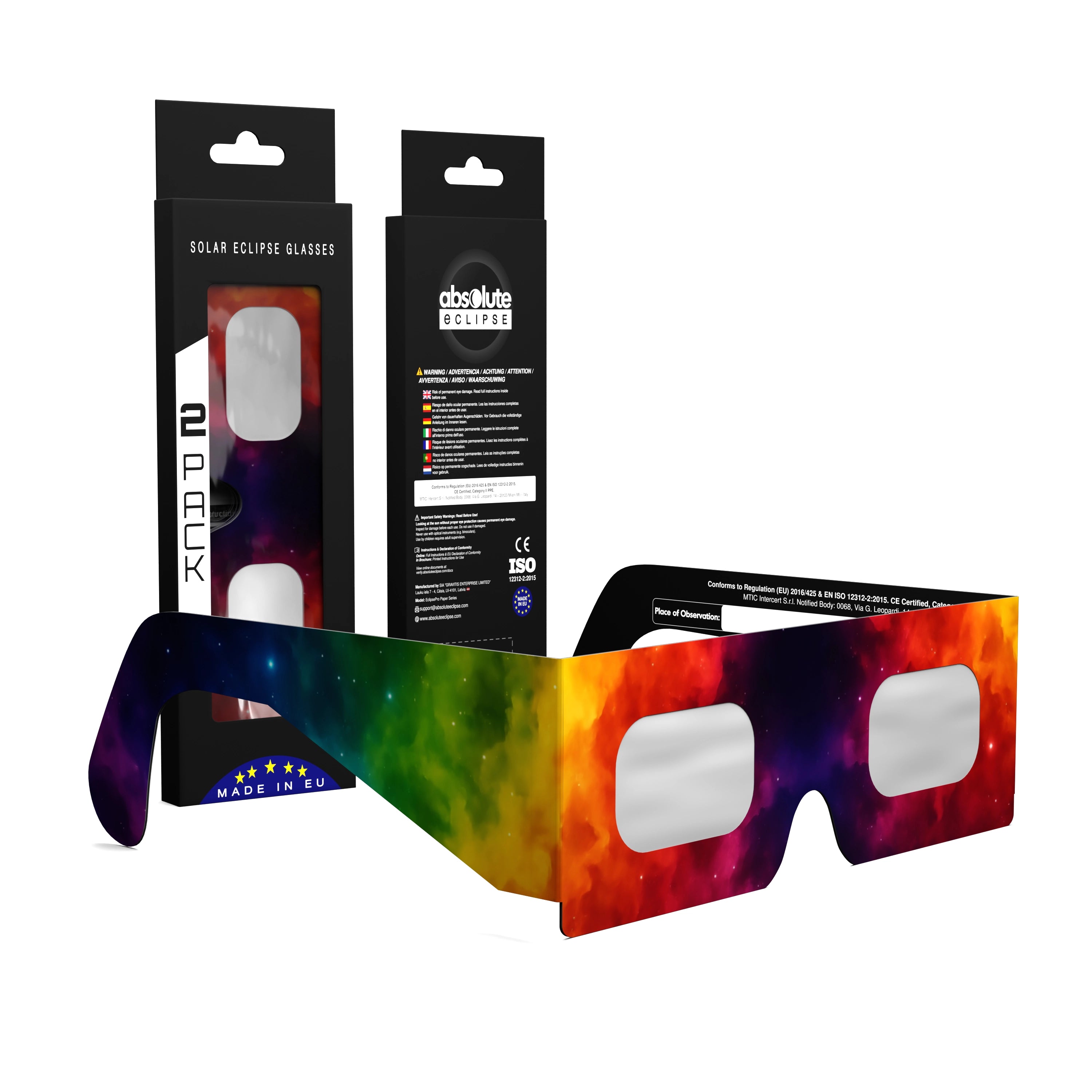 Solar Eclipse Glasses with Colorsplash design, CE Certified and ISO Compliant - Packaging Image of 2-Pack
