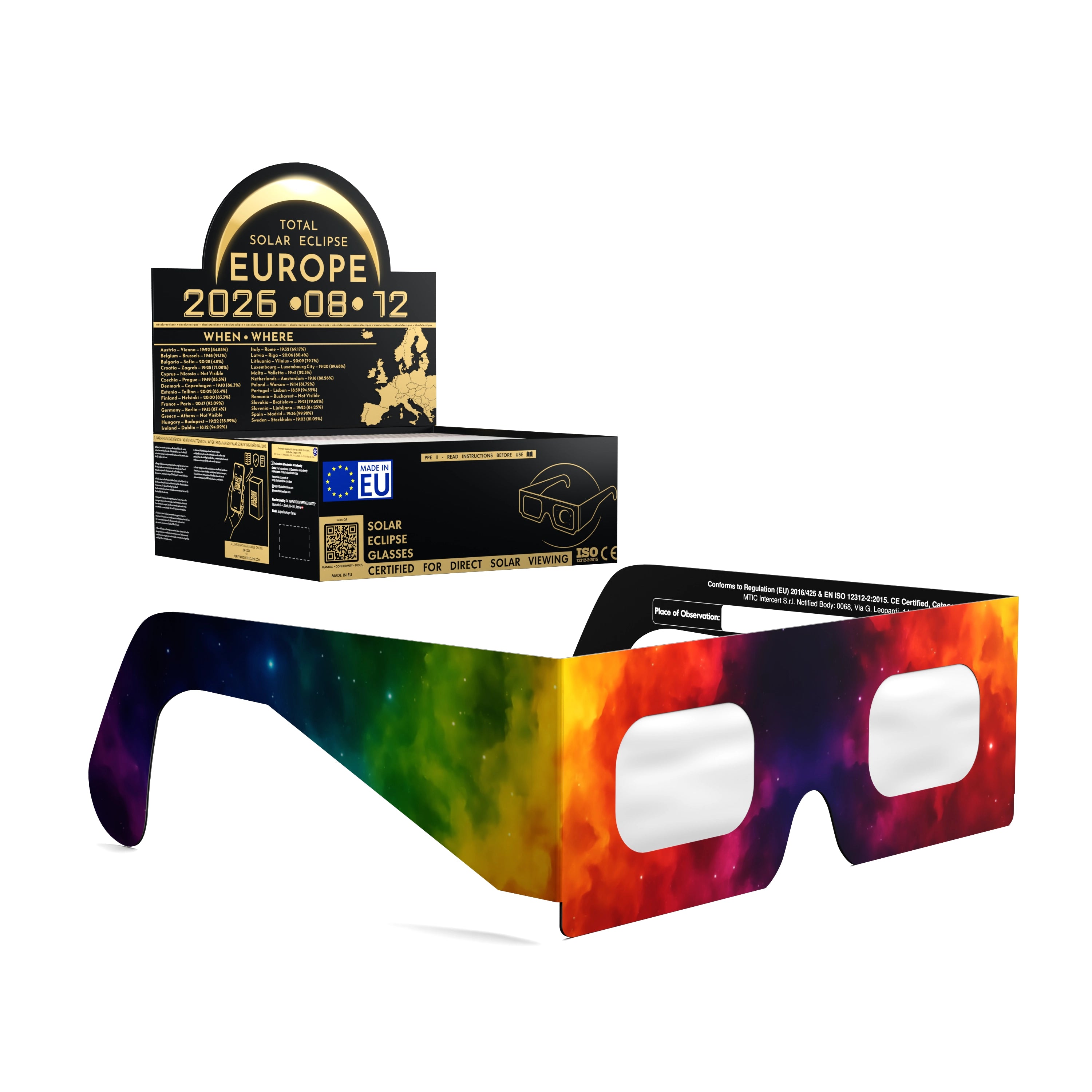 Solar Eclipse Glasses with Colorsplash design, CE Certified and ISO Compliant - Packaging Image of 50-Pack