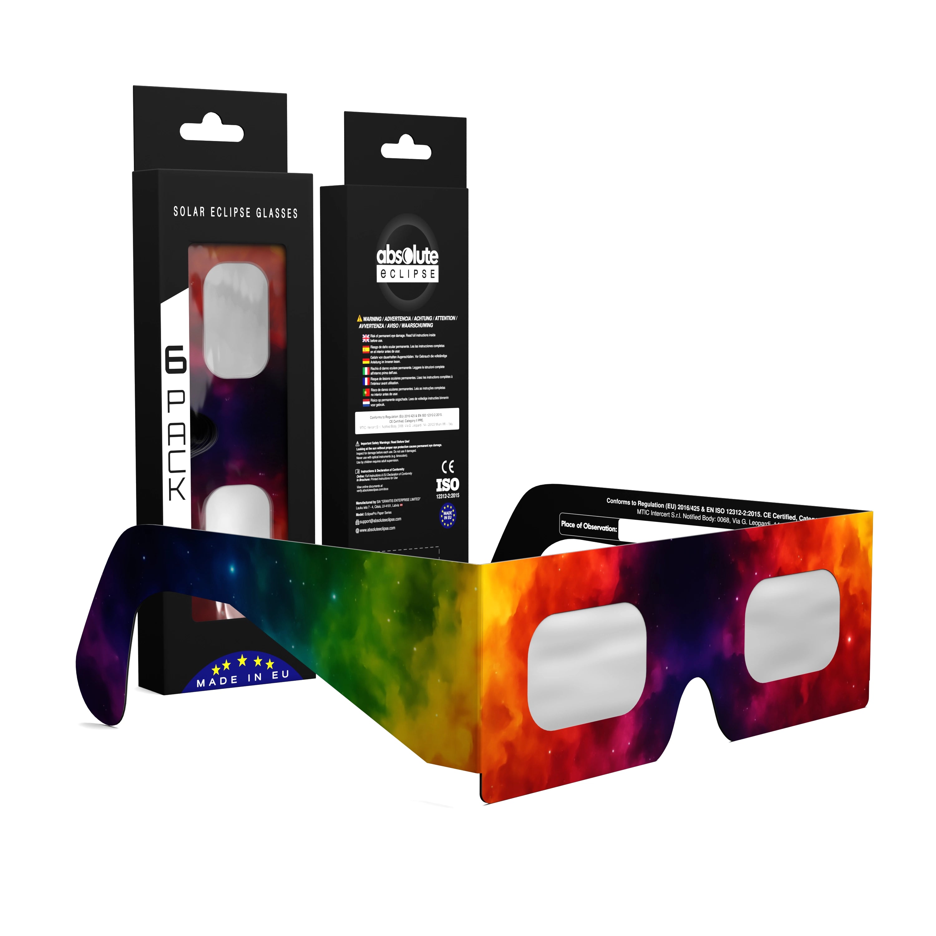 Solar Eclipse Glasses with Colorsplash design, CE Certified and ISO Compliant - Packaging Image of 6-Pack