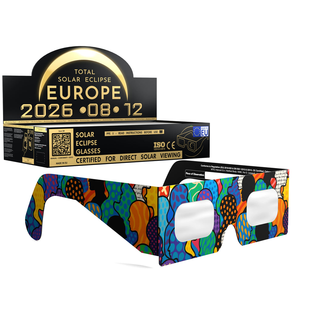 Solar Eclipse Glasses with Crowd design, CE Certified and ISO Compliant - Packaging Image of 100-Pack