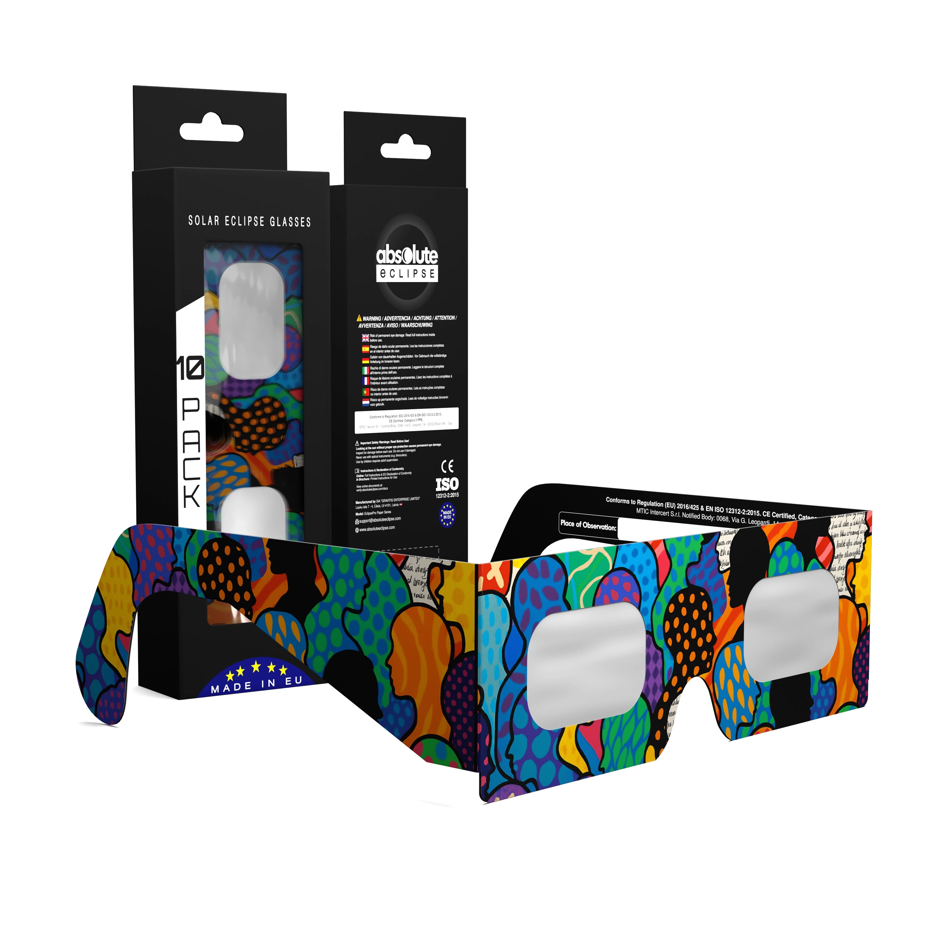 Solar Eclipse Glasses with Crowd design, CE Certified and ISO Compliant - Packaging Image of 10-Pack