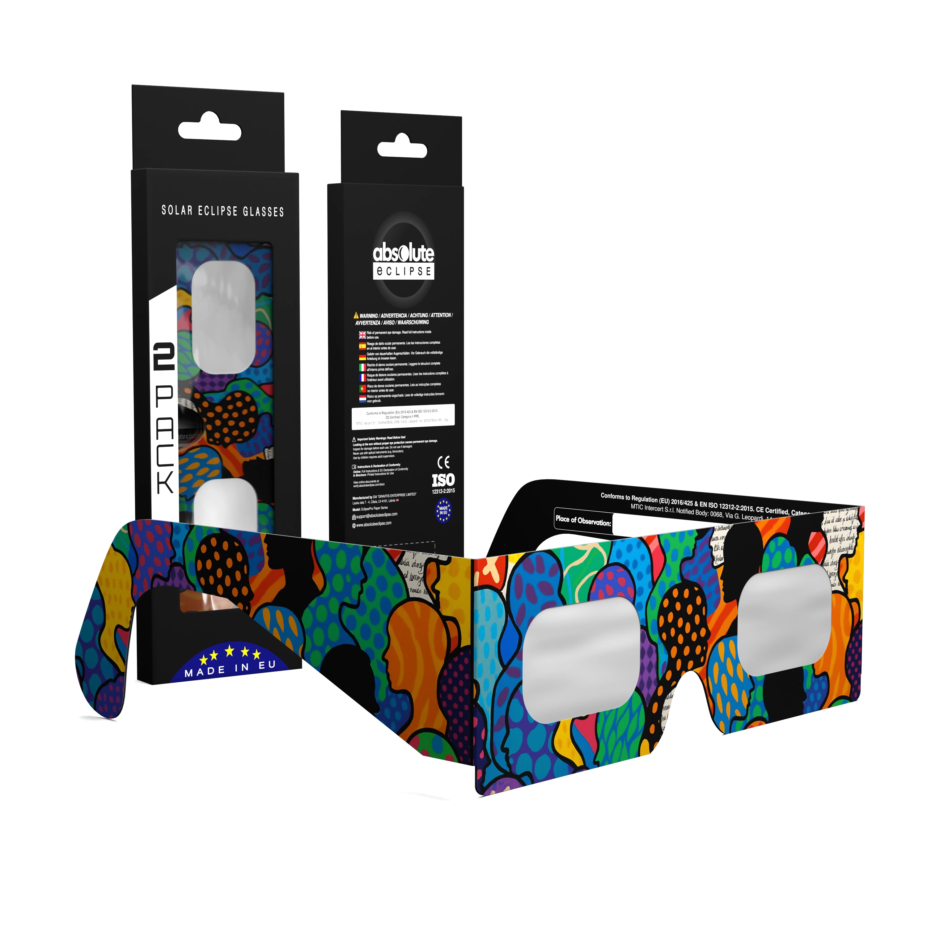 Solar Eclipse Glasses with Crowd design, CE Certified and ISO Compliant - Packaging Image of 2-Pack