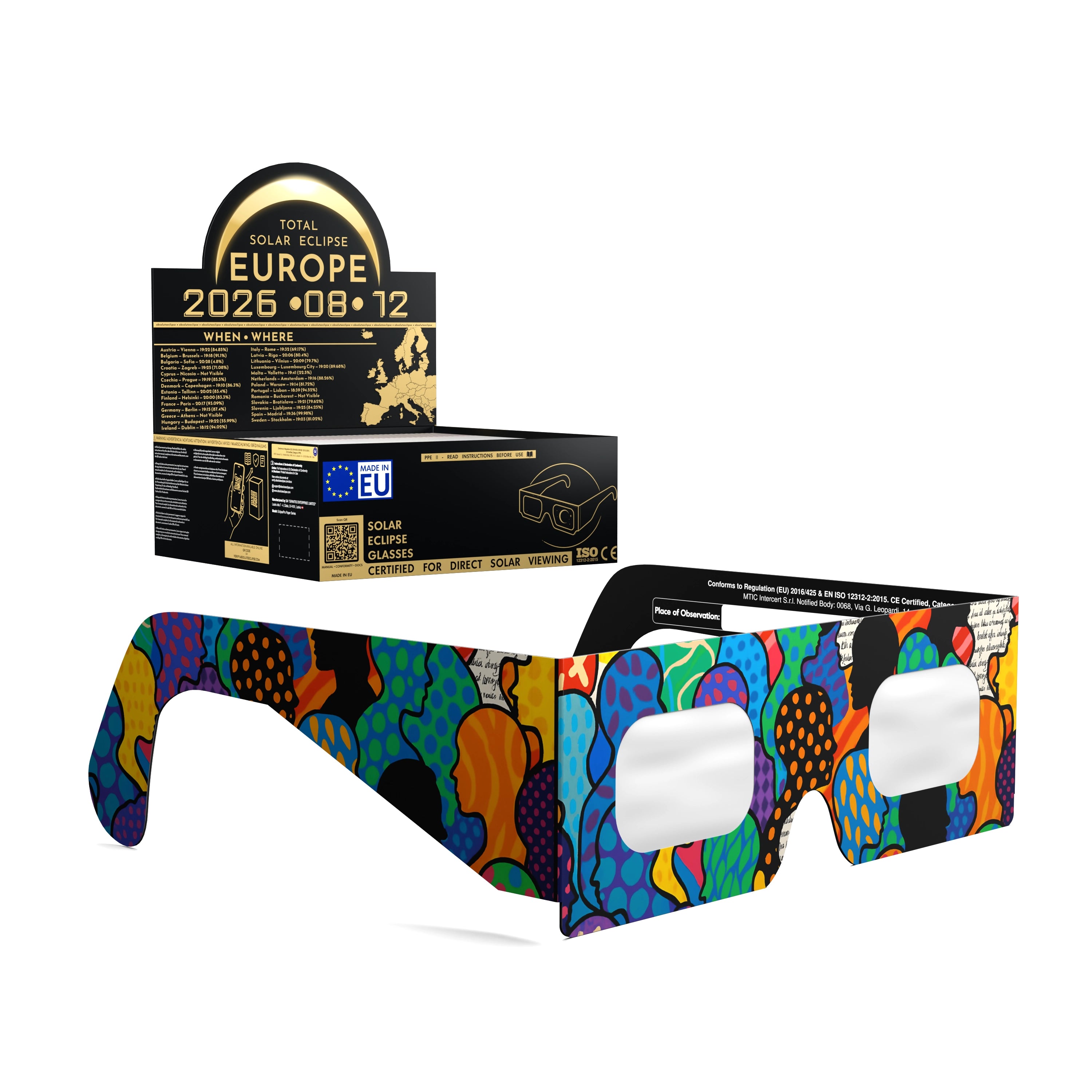 Solar Eclipse Glasses with Crowd design, CE Certified and ISO Compliant - Packaging Image of 50-Pack