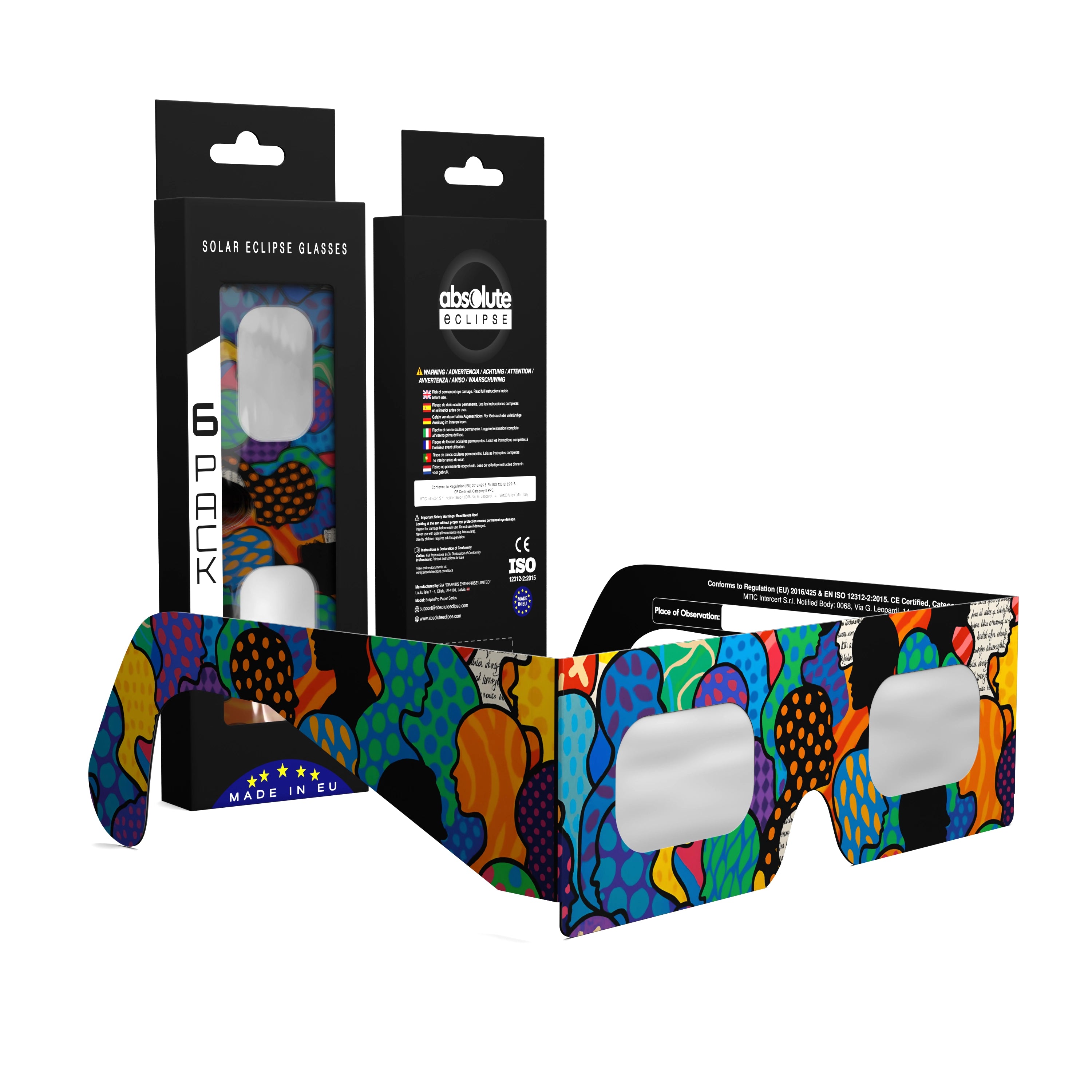 Solar Eclipse Glasses with Crowd design, CE Certified and ISO Compliant - Packaging Image of 6-Pack
