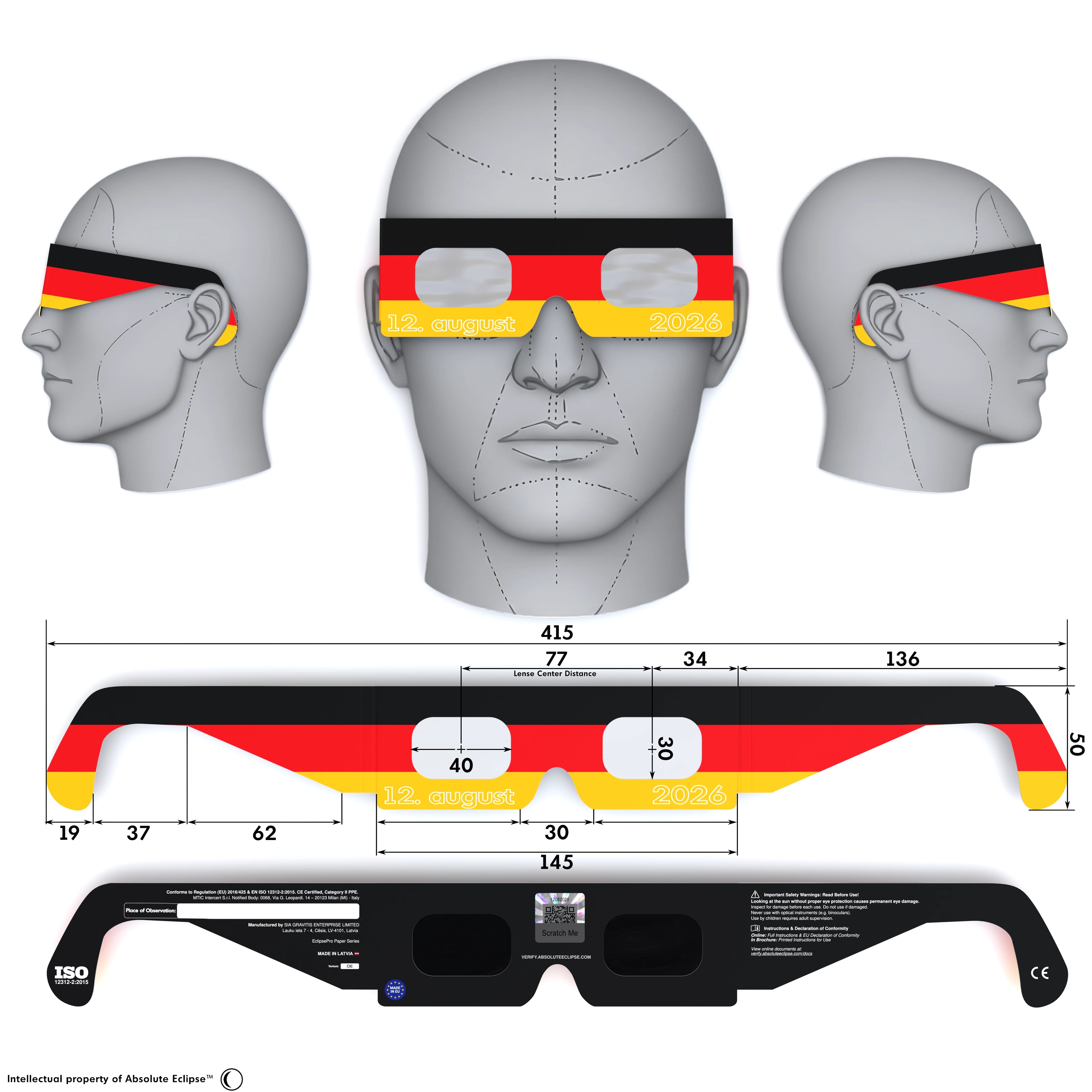 Solar Eclipse Glasses with DE design, CE Certified and ISO Compliant - Back and Front View