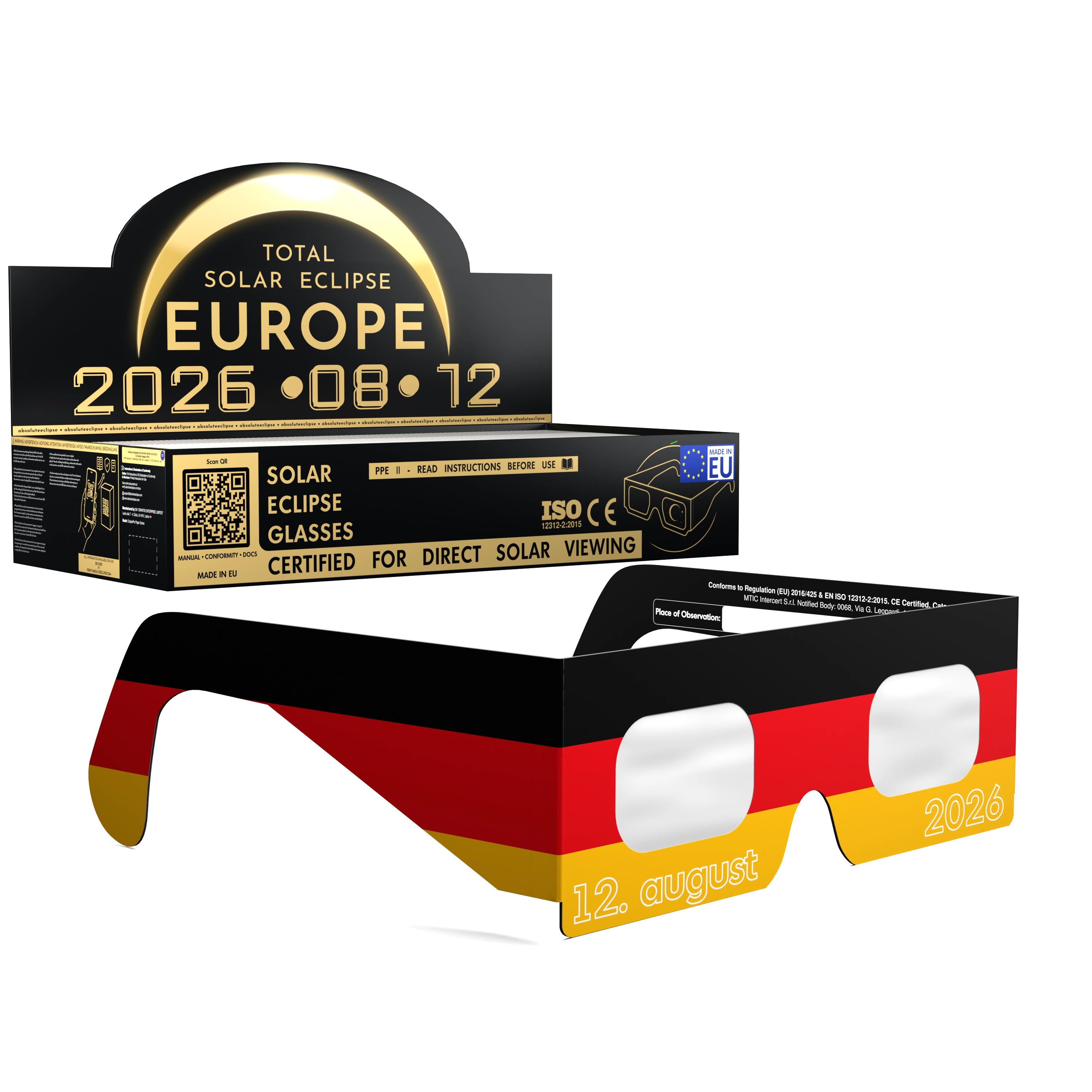 Solar Eclipse Glasses with DE design, CE Certified and ISO Compliant - Packaging Image of 100-Pack