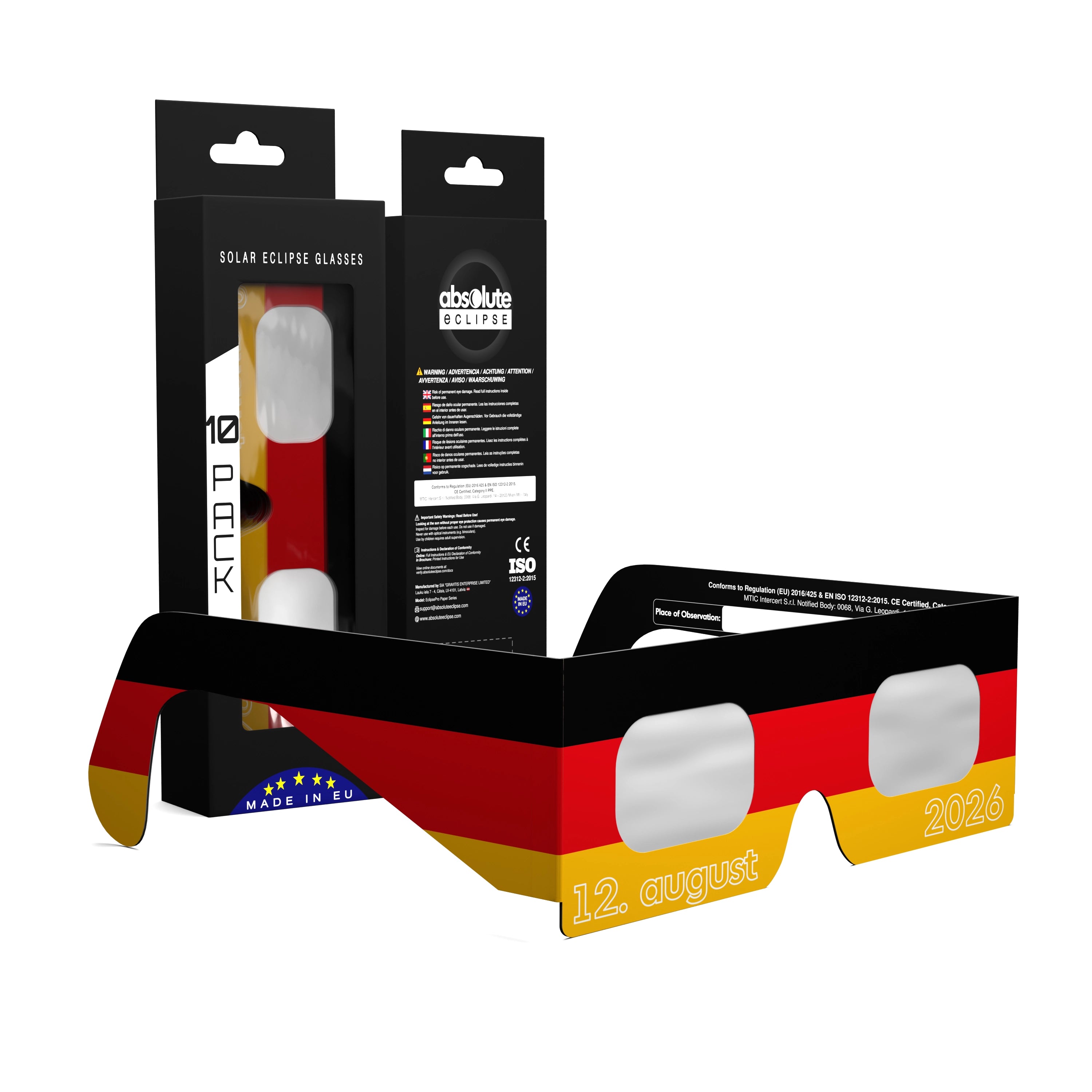 Solar Eclipse Glasses with DE design, CE Certified and ISO Compliant - Packaging Image of 10-Pack