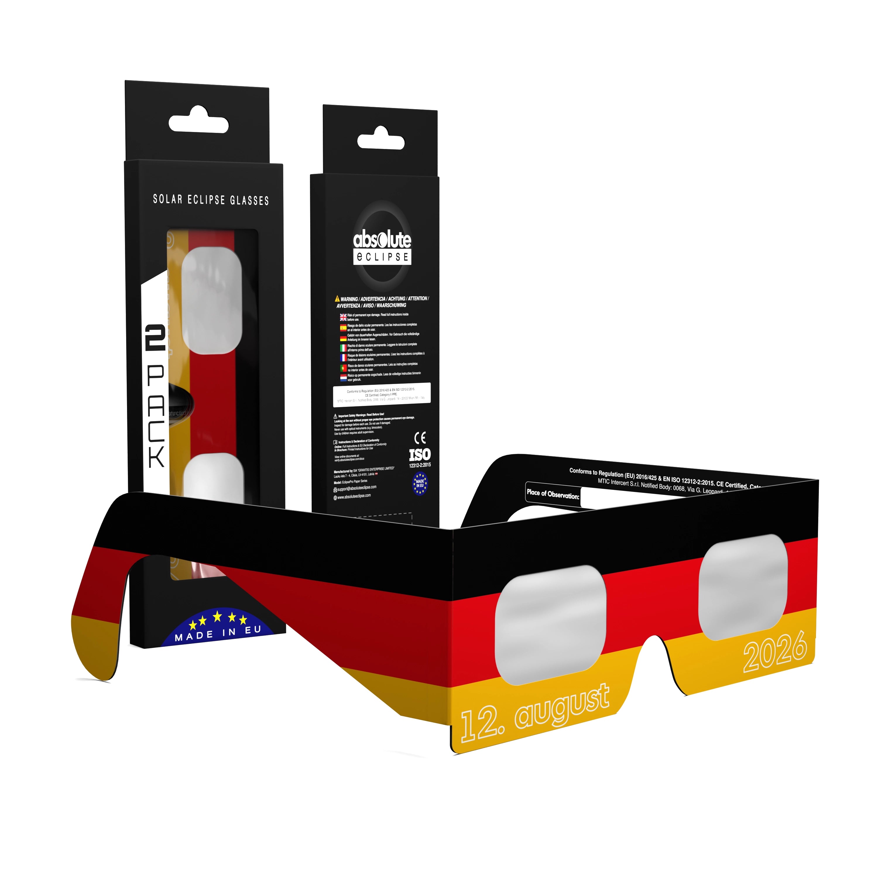 Solar Eclipse Glasses with DE design, CE Certified and ISO Compliant - Packaging Image of 2-Pack