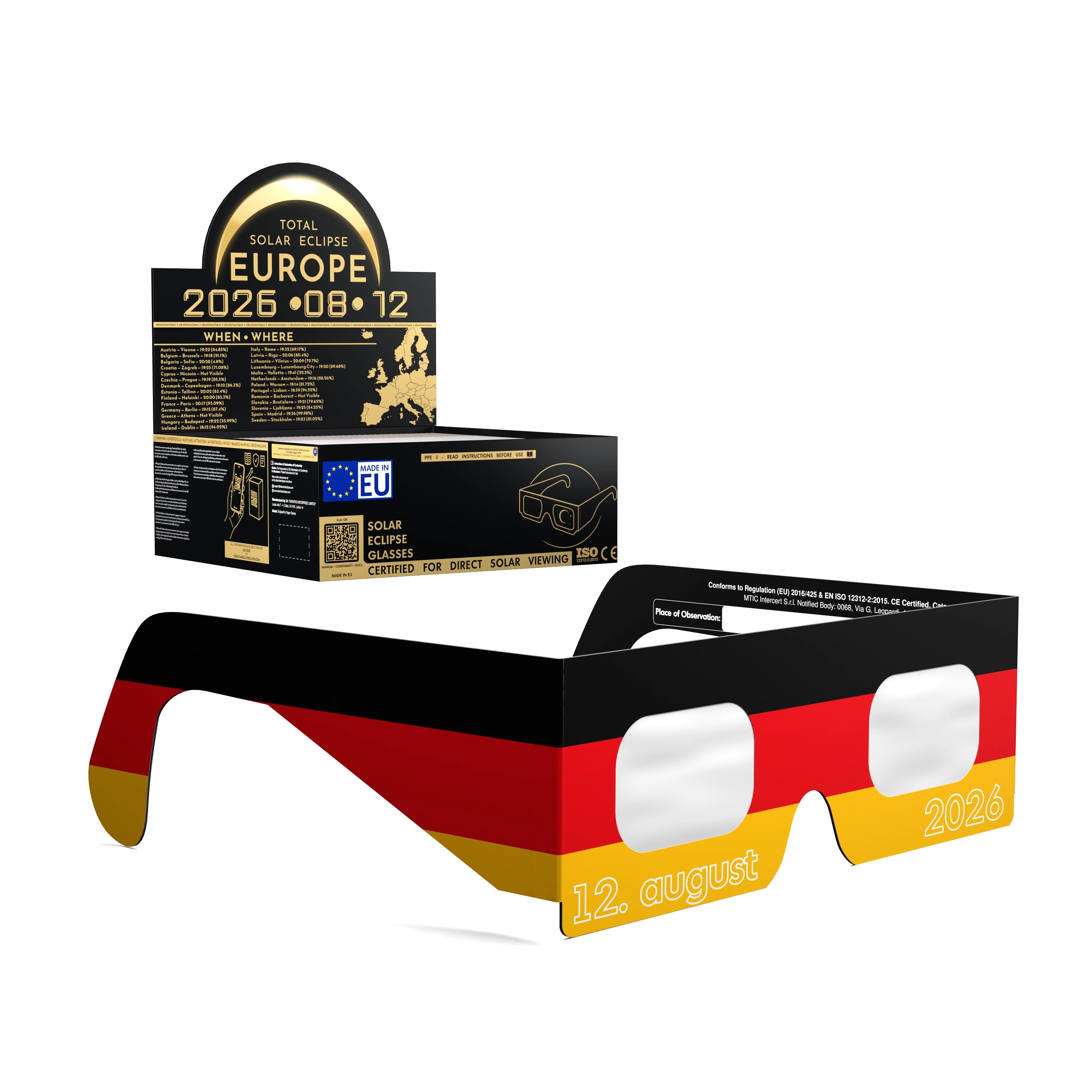 Solar Eclipse Glasses with DE design, CE Certified and ISO Compliant - Packaging Image of 50-Pack
