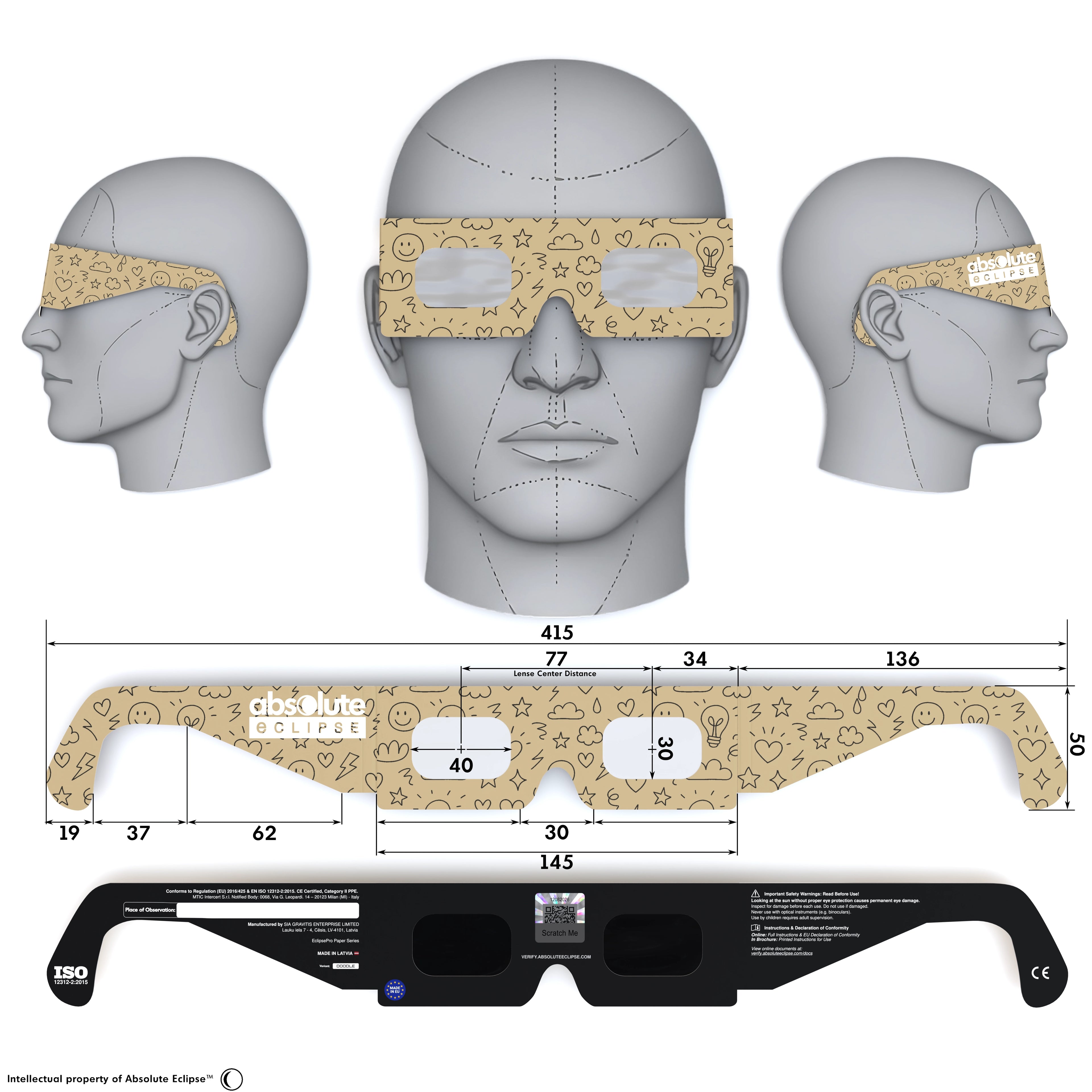Solar Eclipse Glasses with Doodle design, CE Certified and ISO Compliant - Back and Front View
