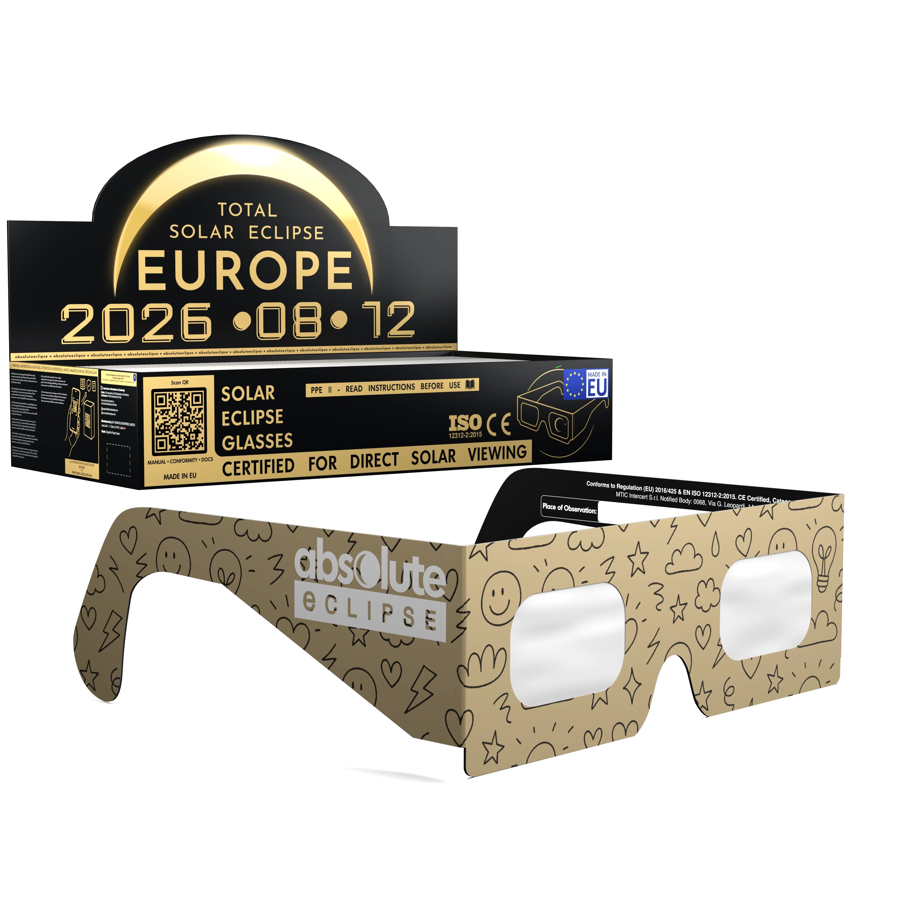 Solar Eclipse Glasses with Doodle design, CE Certified and ISO Compliant - Packaging Image of 100-Pack