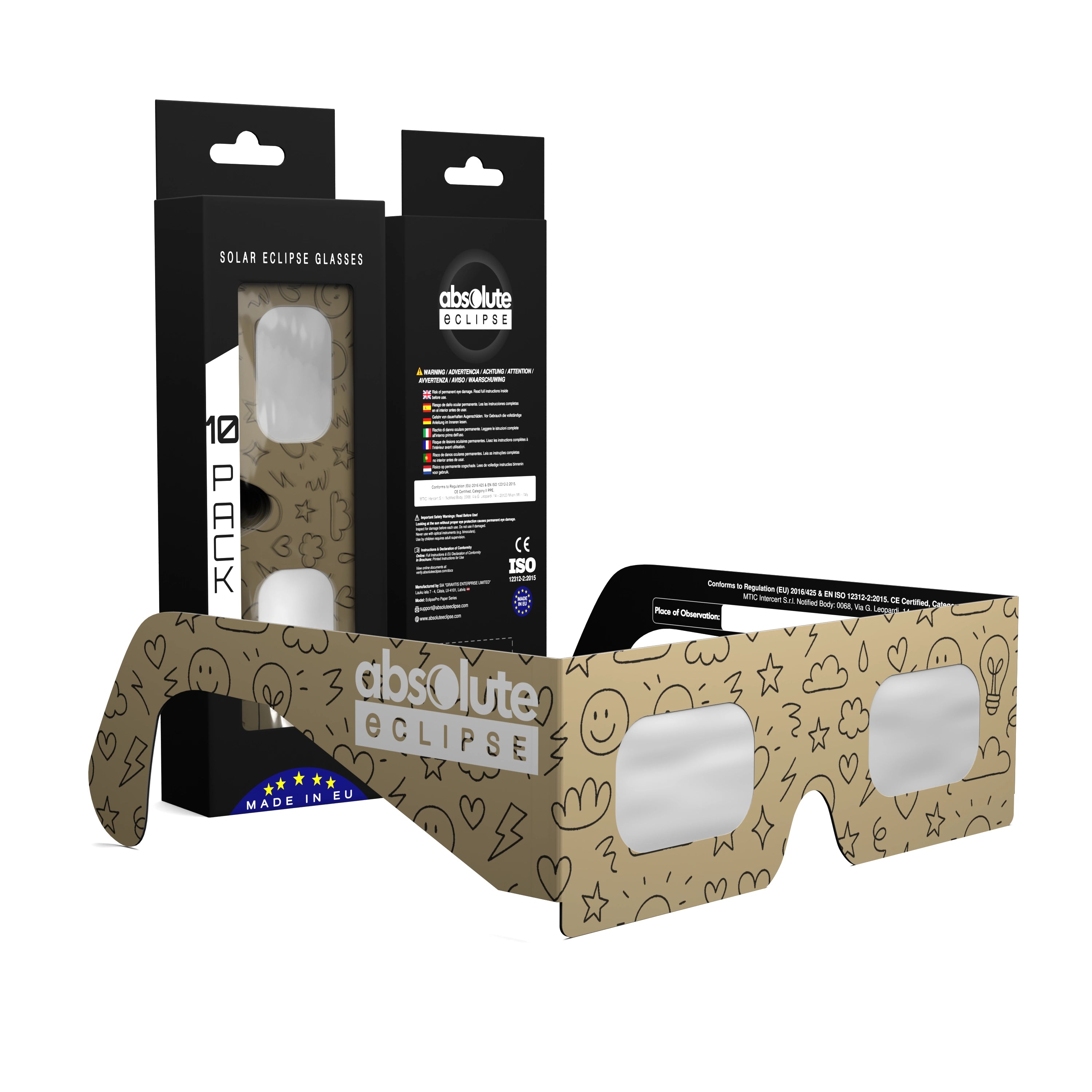 Solar Eclipse Glasses with Doodle design, CE Certified and ISO Compliant - Packaging Image of 10-Pack