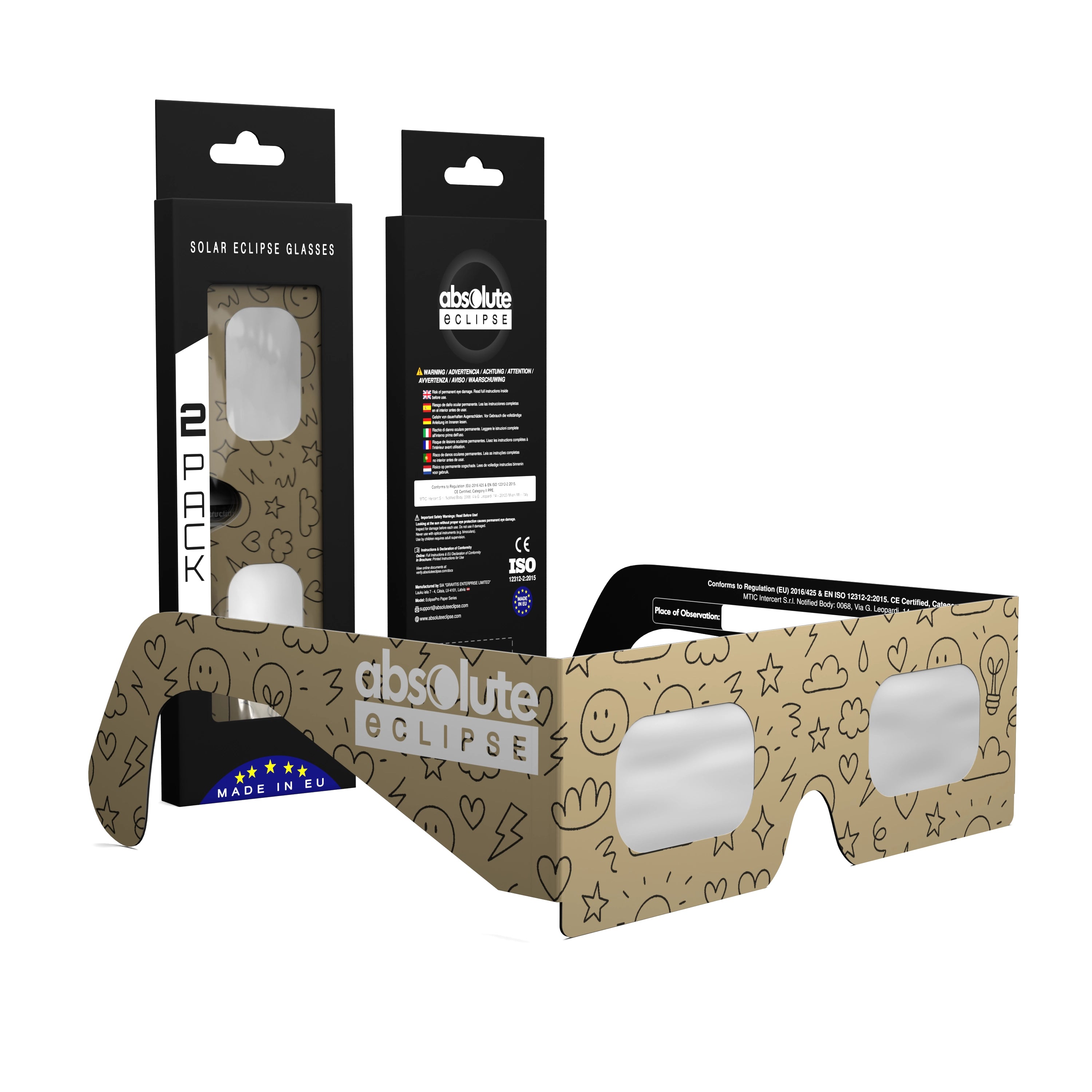 Solar Eclipse Glasses with Doodle design, CE Certified and ISO Compliant - Packaging Image of 2-Pack