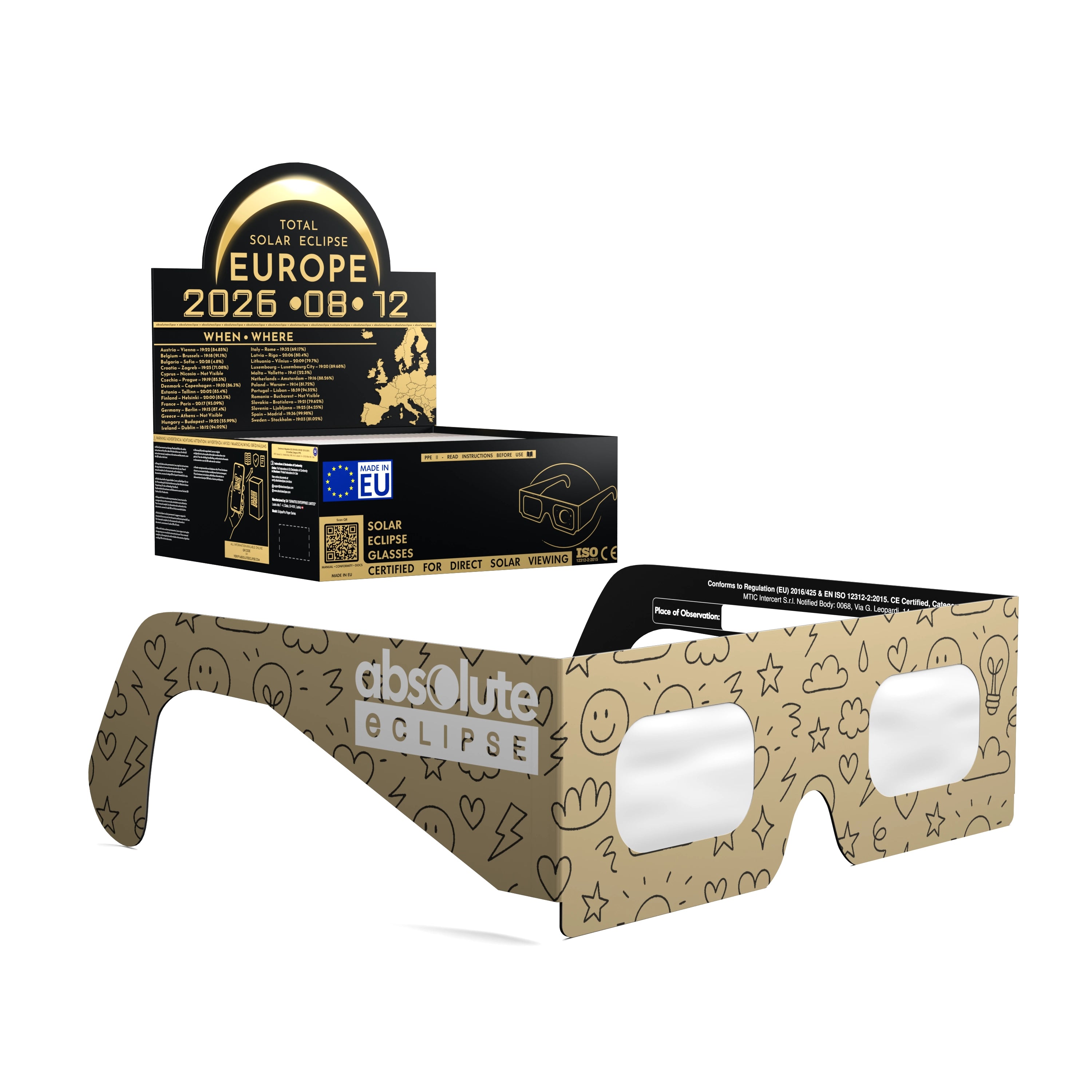 Solar Eclipse Glasses with Doodle design, CE Certified and ISO Compliant - Packaging Image of 50-Pack
