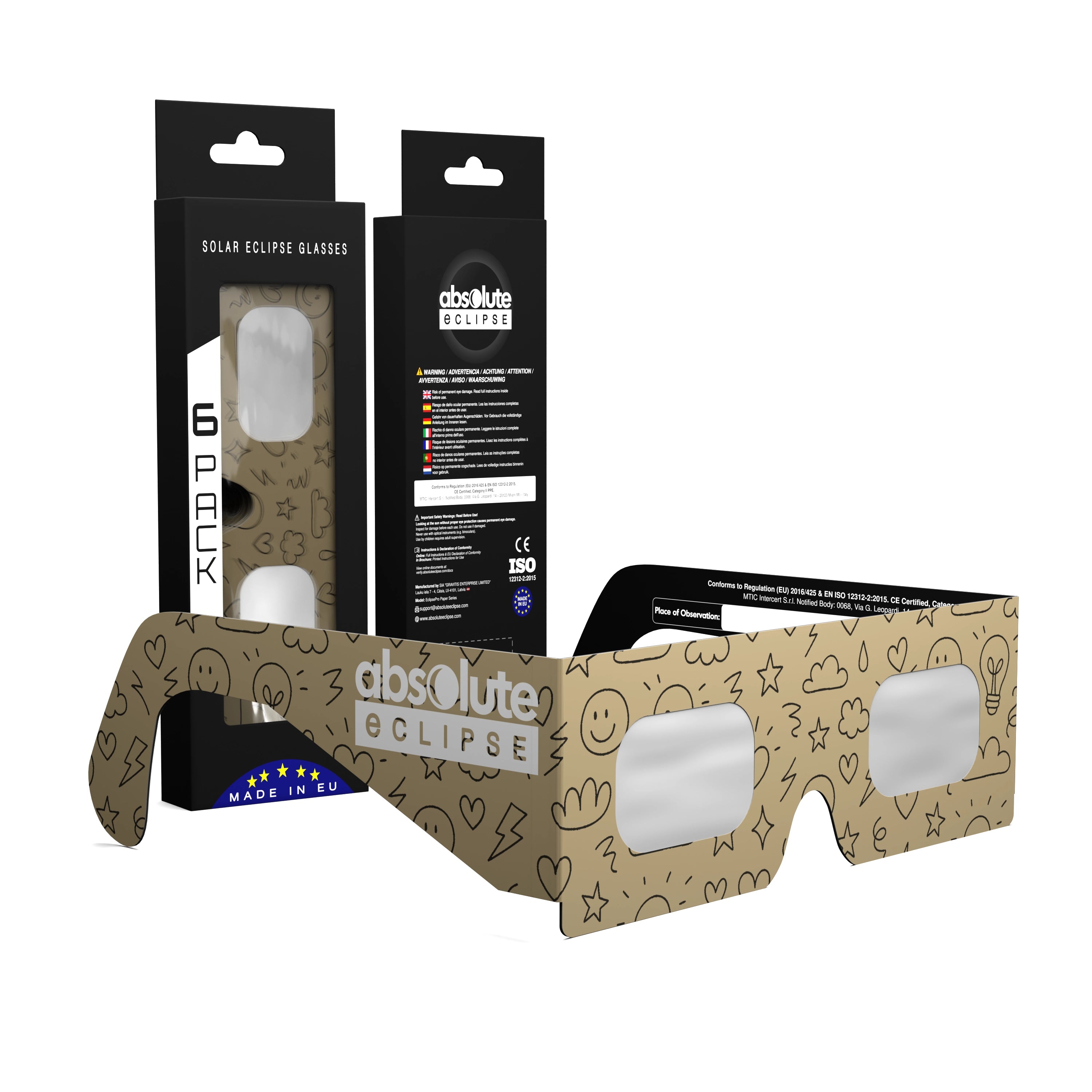 Solar Eclipse Glasses with Doodle design, CE Certified and ISO Compliant - Packaging Image of 6-Pack