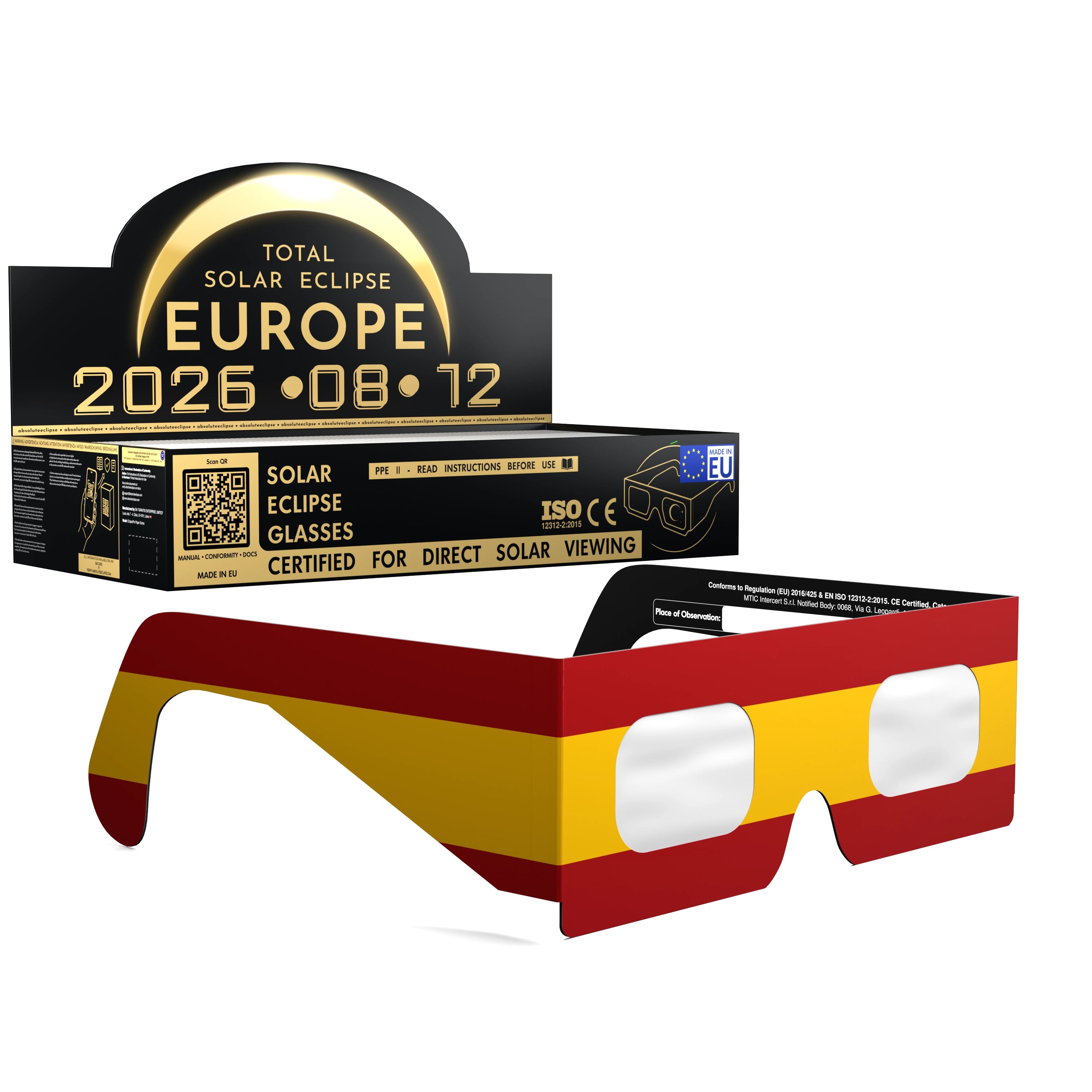 Solar Eclipse Glasses with ES design, CE Certified and ISO Compliant - Packaging Image of 100-Pack