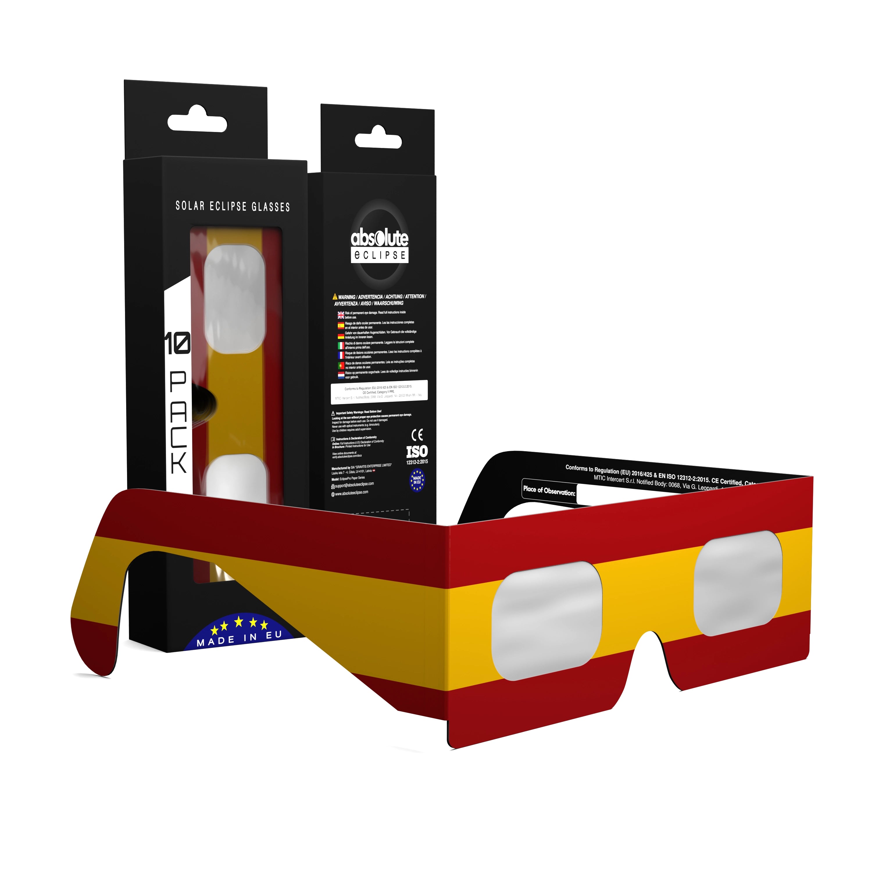 Solar Eclipse Glasses with ES design, CE Certified and ISO Compliant - Packaging Image of 10-Pack