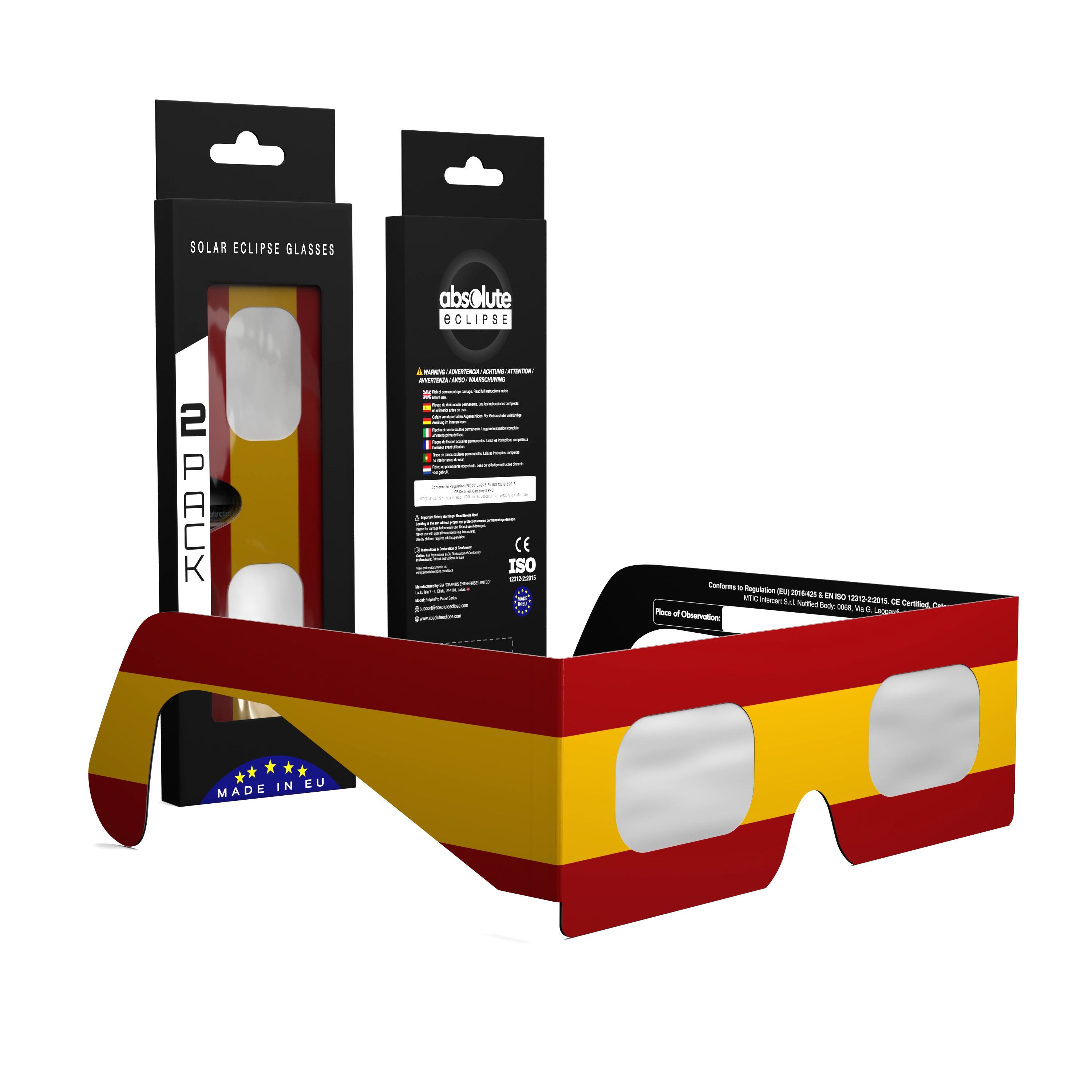 Solar Eclipse Glasses with ES design, CE Certified and ISO Compliant - Packaging Image of 2-Pack