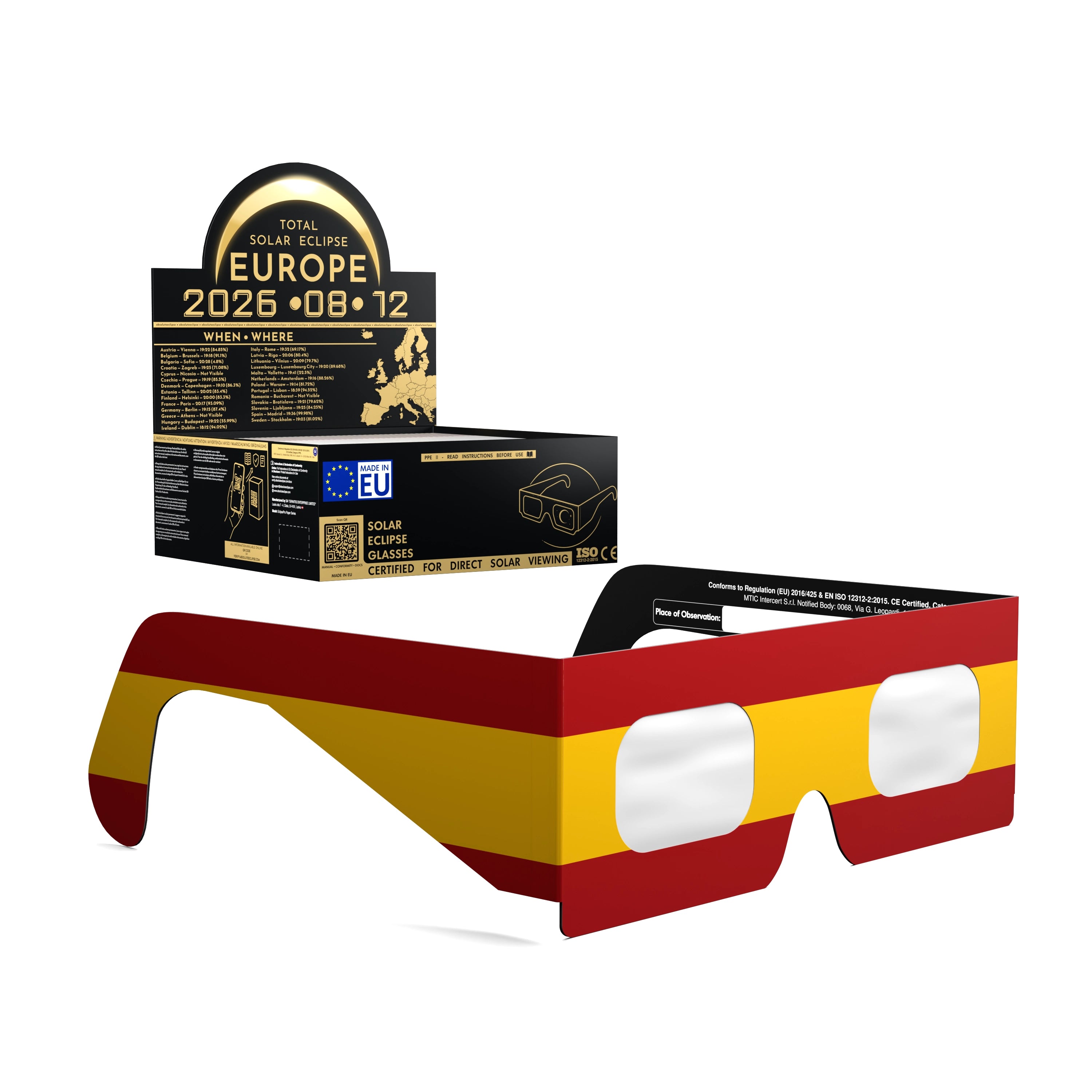 Solar Eclipse Glasses with ES design, CE Certified and ISO Compliant - Packaging Image of 50-Pack