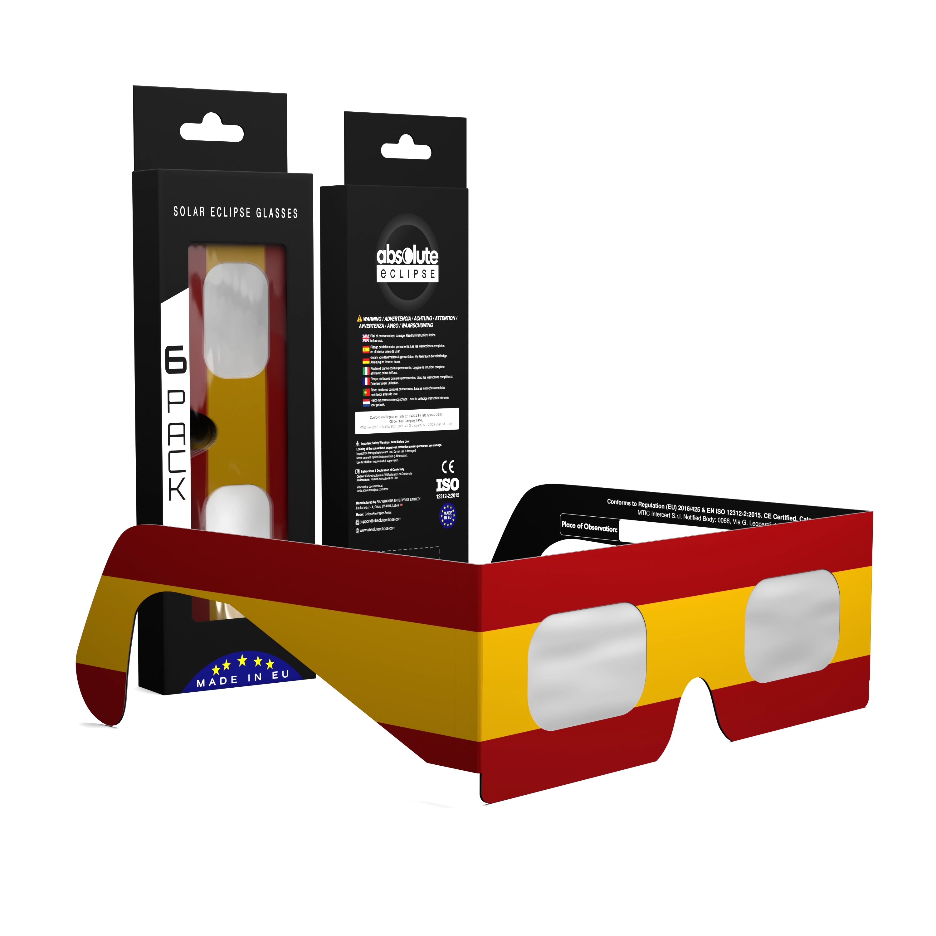 Solar Eclipse Glasses with ES design, CE Certified and ISO Compliant - Packaging Image of 6-Pack